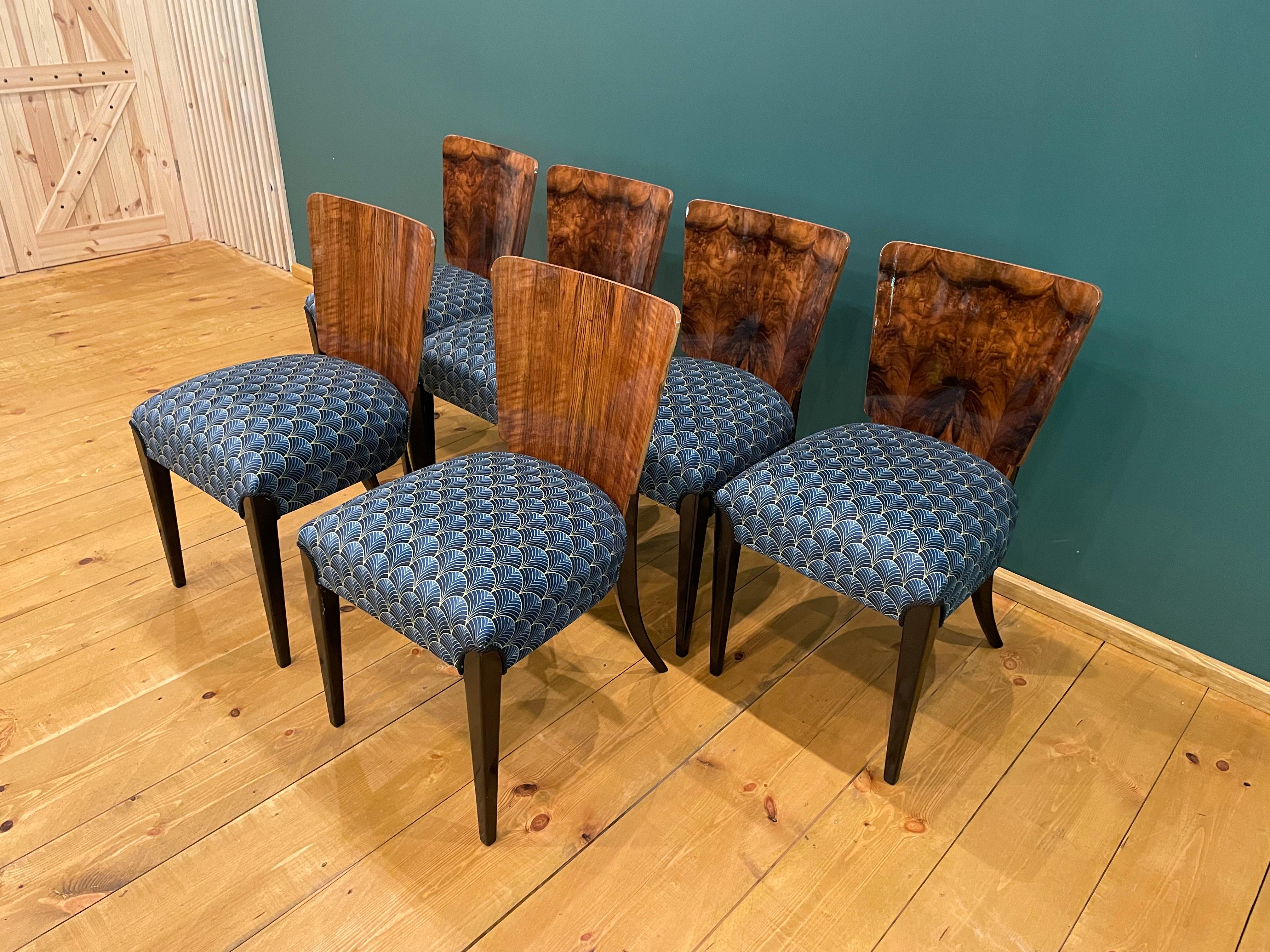 Walnut Art Deco 6 Chairs J. Halabala For Sale