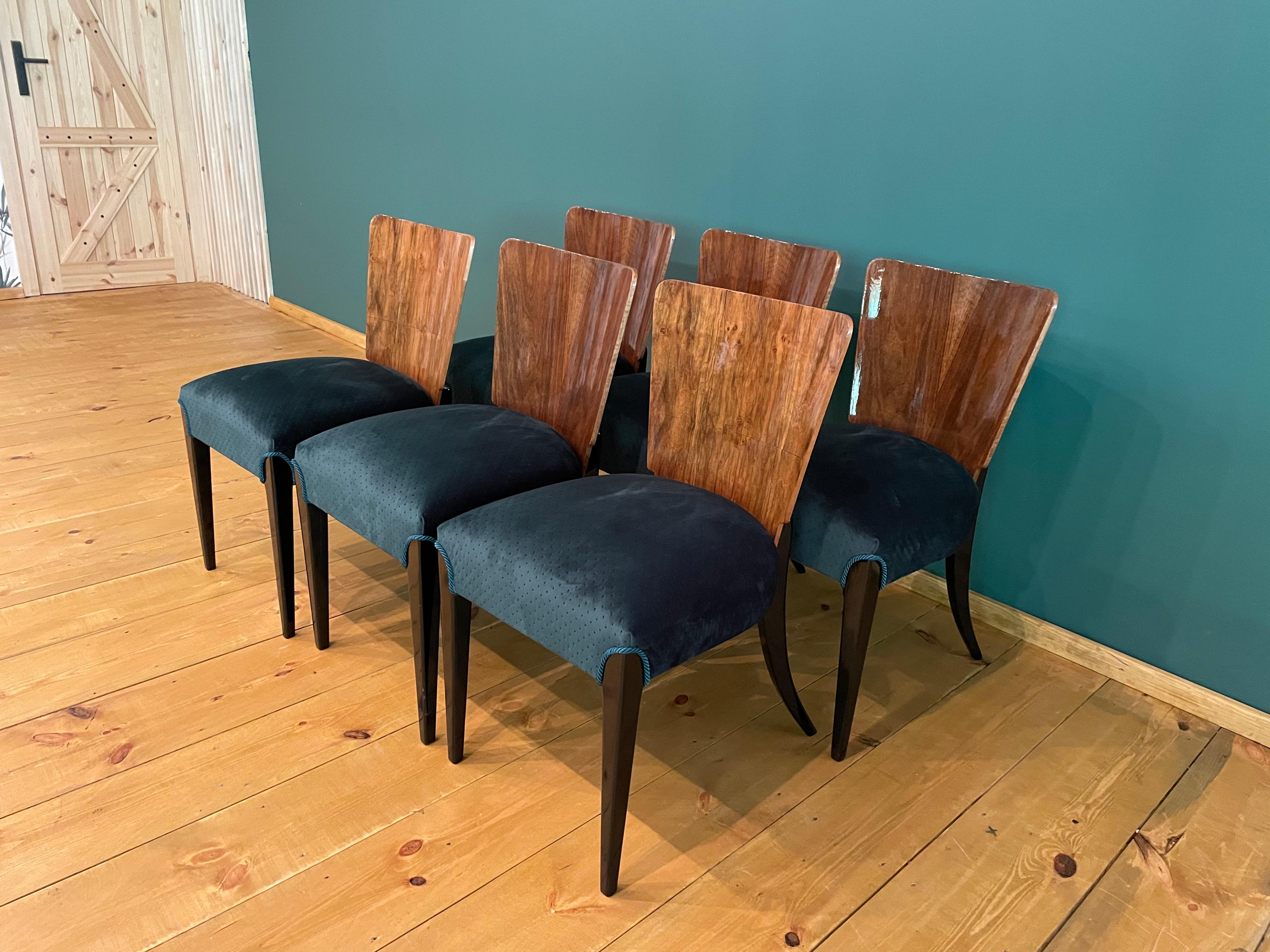 Walnut Art Deco 6 Chairs J. Halabala For Sale