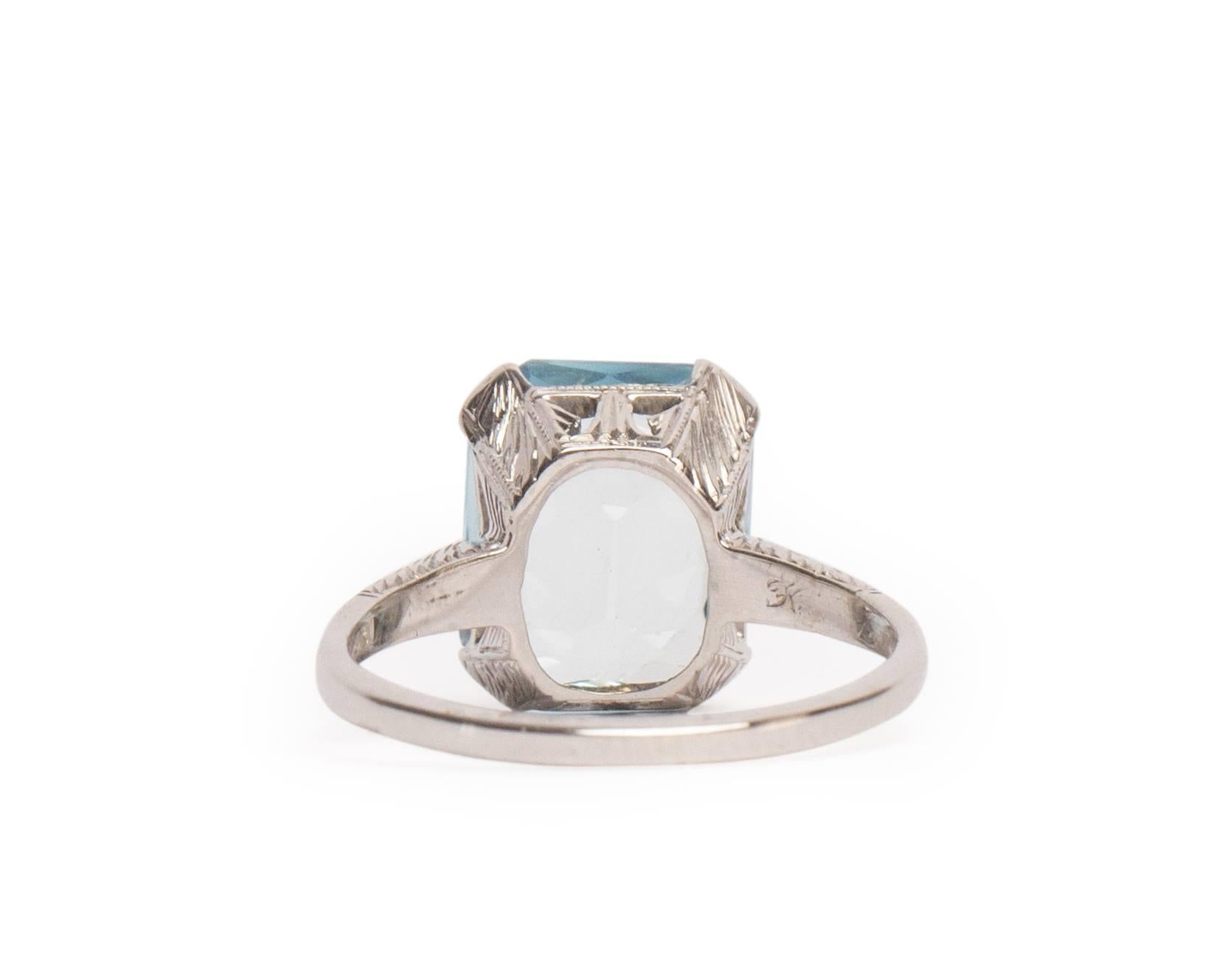 Art Deco 6 Karat Radiant Cut Aquamarin 18 Karat Weißgold geätzt Ring (Art déco)