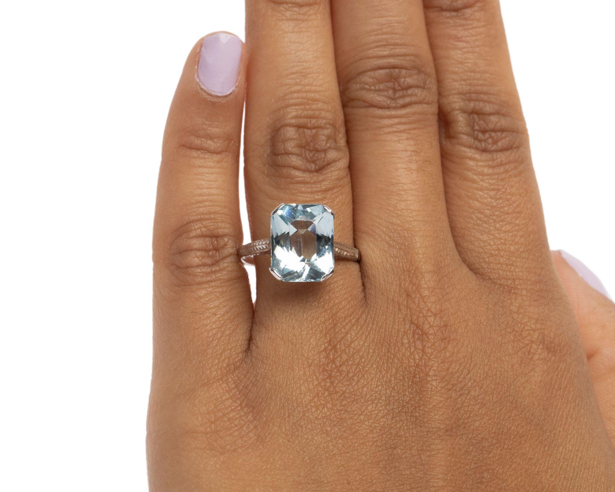 Art Deco 6 Karat Radiant Cut Aquamarin 18 Karat Weißgold geätzt Ring Damen