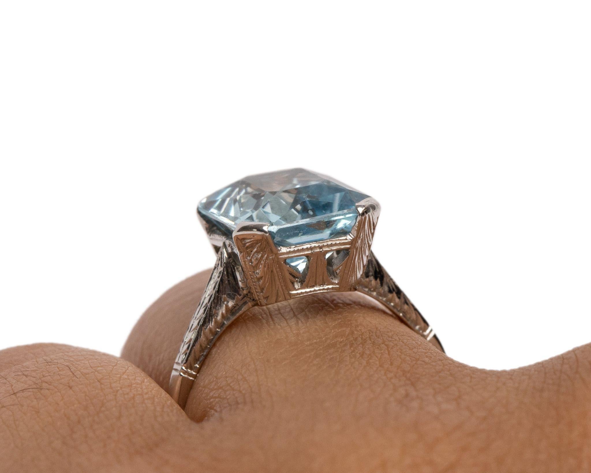 Art Deco 6 Karat Radiant Cut Aquamarin 18 Karat Weißgold geätzt Ring 2