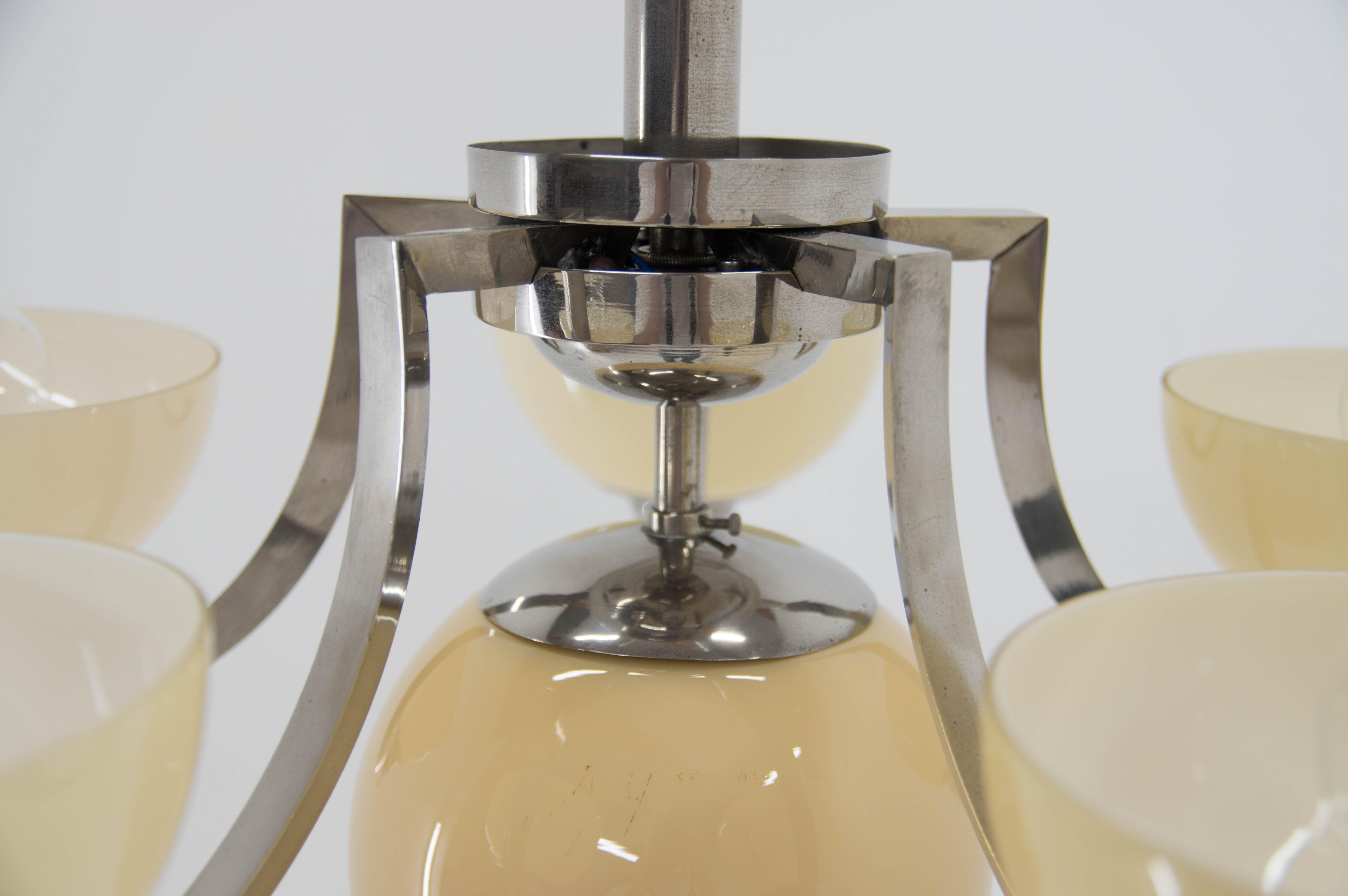 Mid-20th Century Art Deco 6-Flamming Nickel-Plated Chandelier, 1930s, Restored For Sale