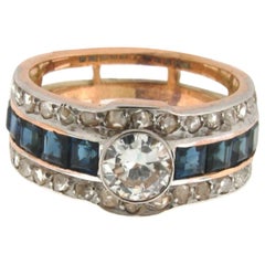 Art Deco .60 Carat Center Diamonds Sapphires 18 Karat Yellow Gold Ring
