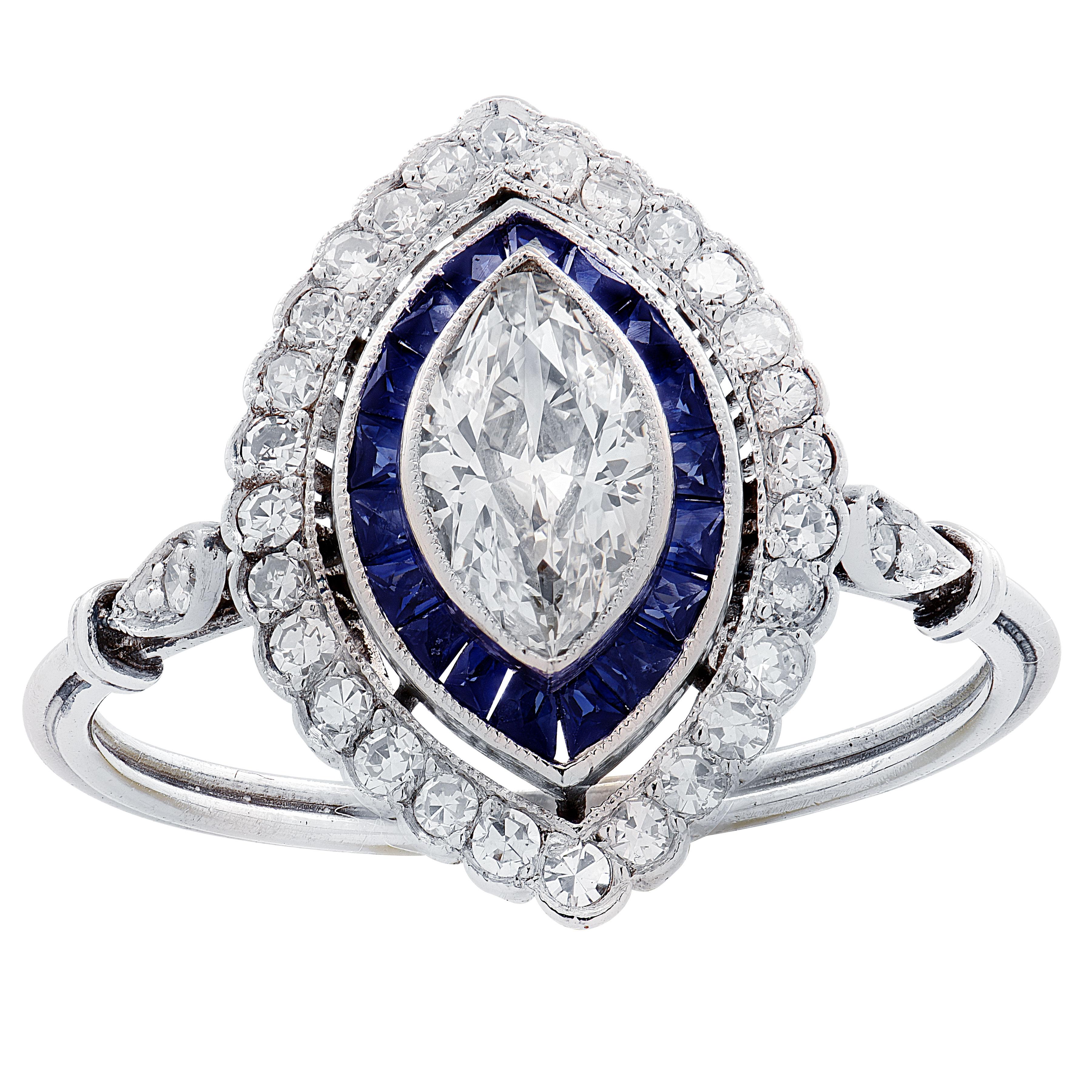 Anello Art Deco con diamante e zaffiro taglio marquise da 0,60 carati in vendita 4