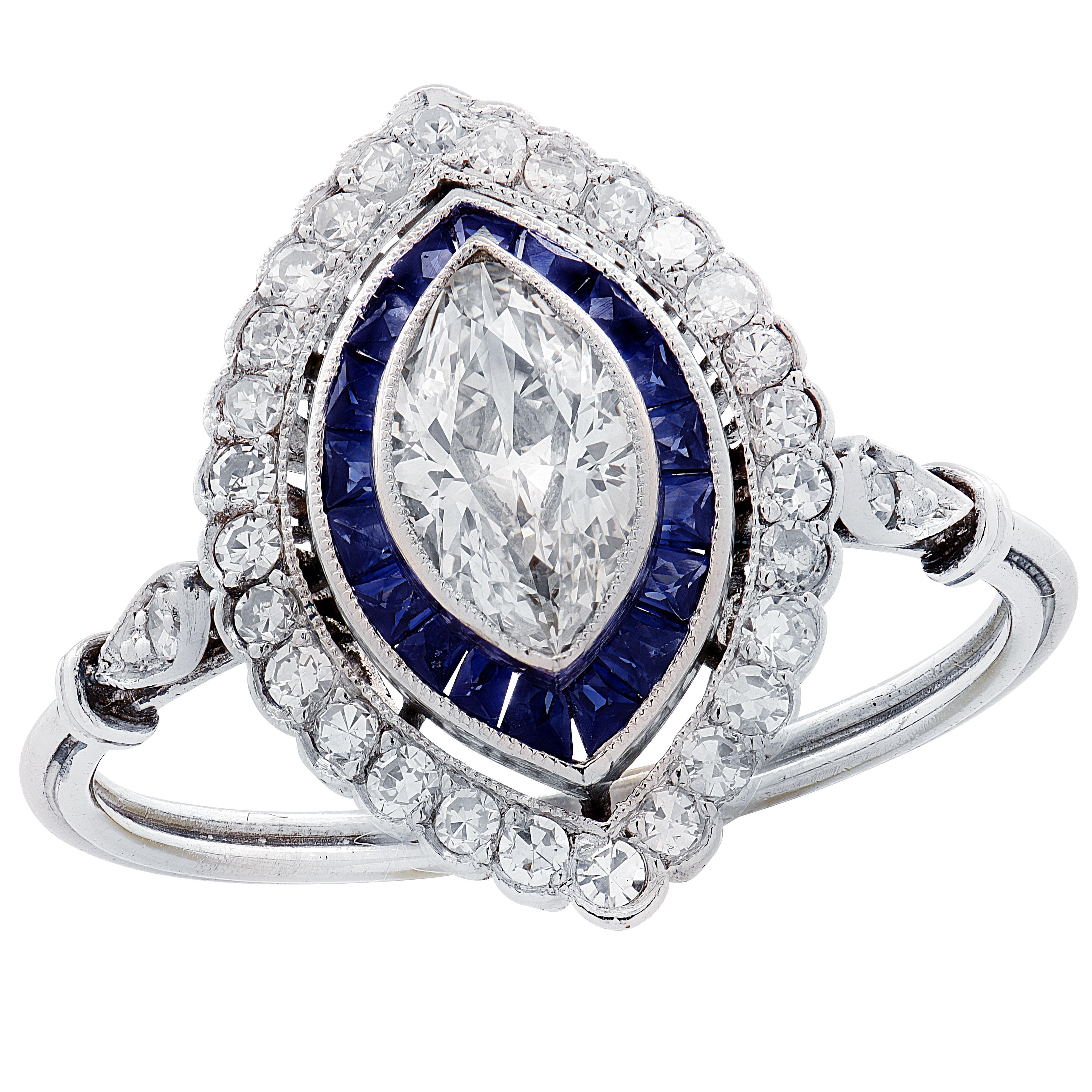 Donna Anello Art Deco con diamante e zaffiro taglio marquise da 0,60 carati in vendita