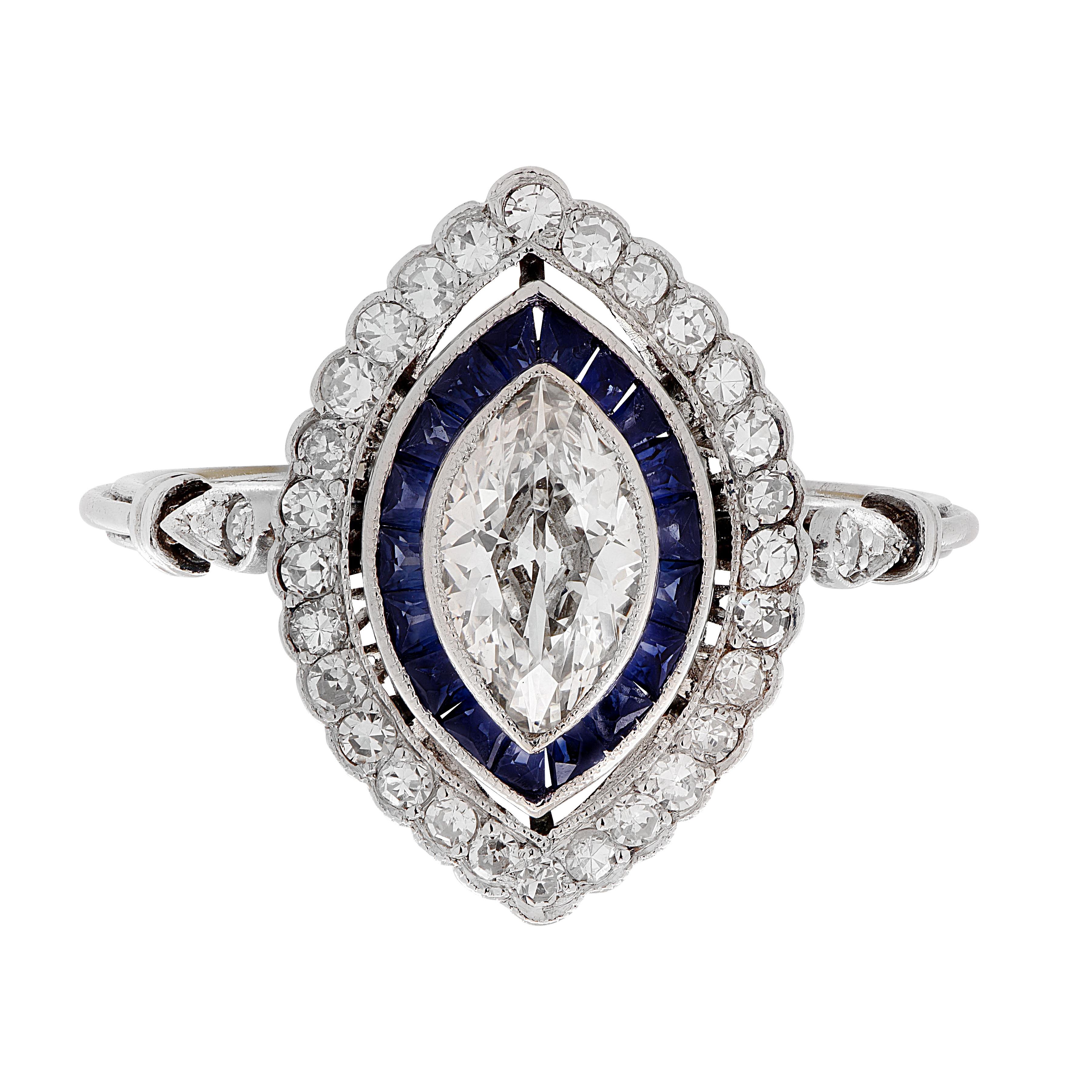 Anello Art Deco con diamante e zaffiro taglio marquise da 0,60 carati in vendita 3