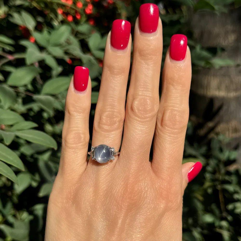 Mixed Cut Art Deco 6.00 Carat Bluish Grey Star Sapphire Diamond Platinum Cocktail Ring For Sale