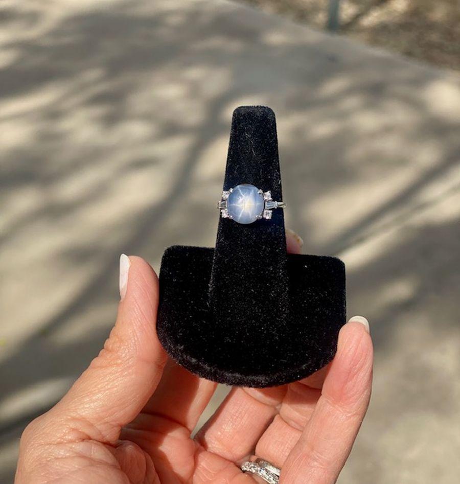 Art Deco 6.00 Carat Bluish Grey Star Sapphire Diamond Platinum Cocktail Ring For Sale 2