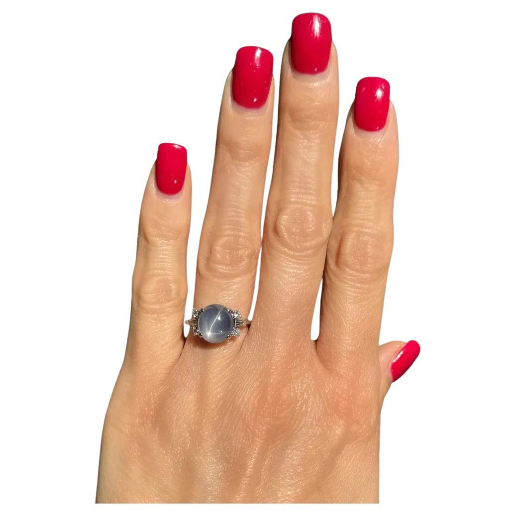 Art Deco 6.00 Carat Bluish Grey Star Sapphire Diamond Platinum Cocktail Ring
