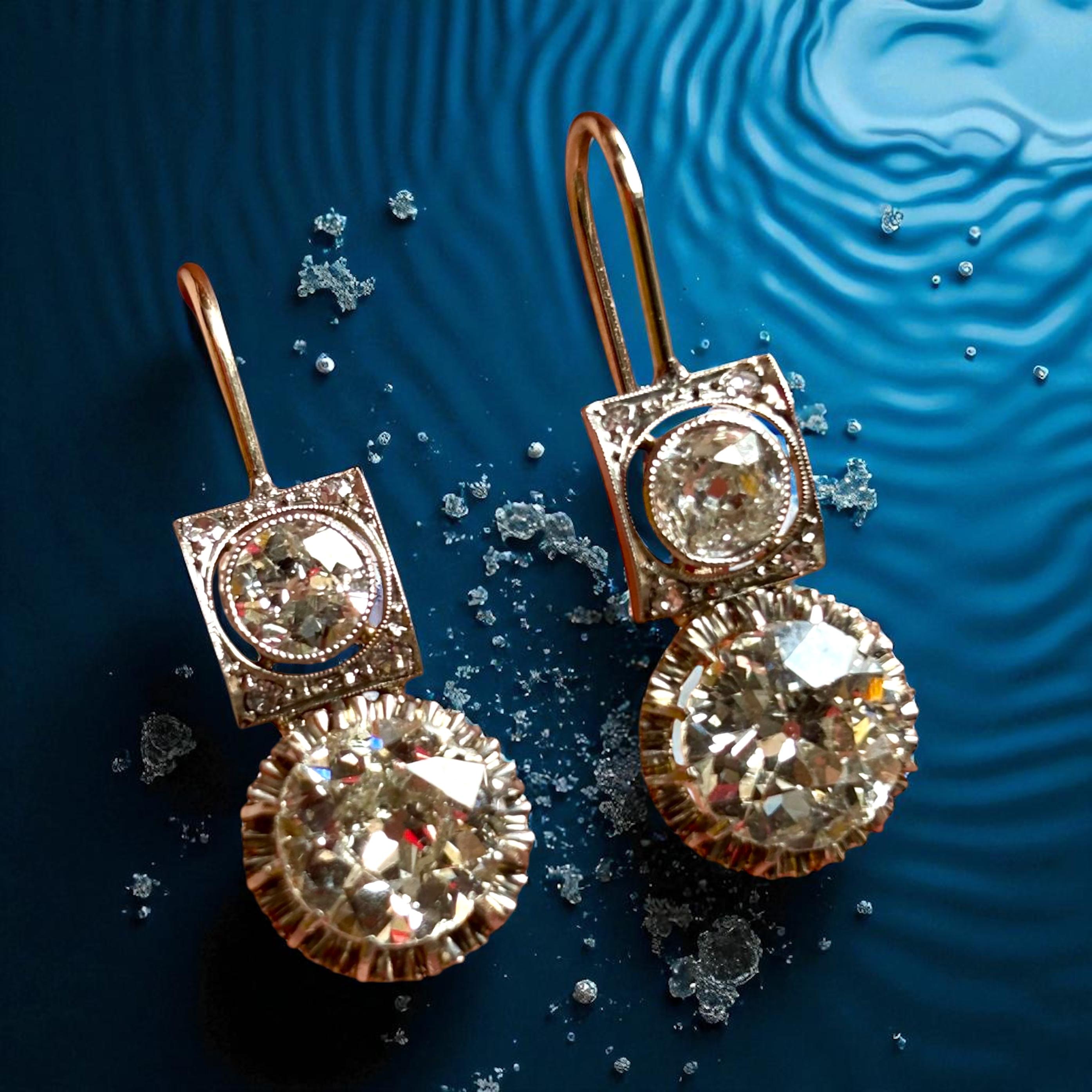 Boucles d'oreilles art déco en platine, 6,00 carats, diamant taille européenne, vers 1925 en vente 5