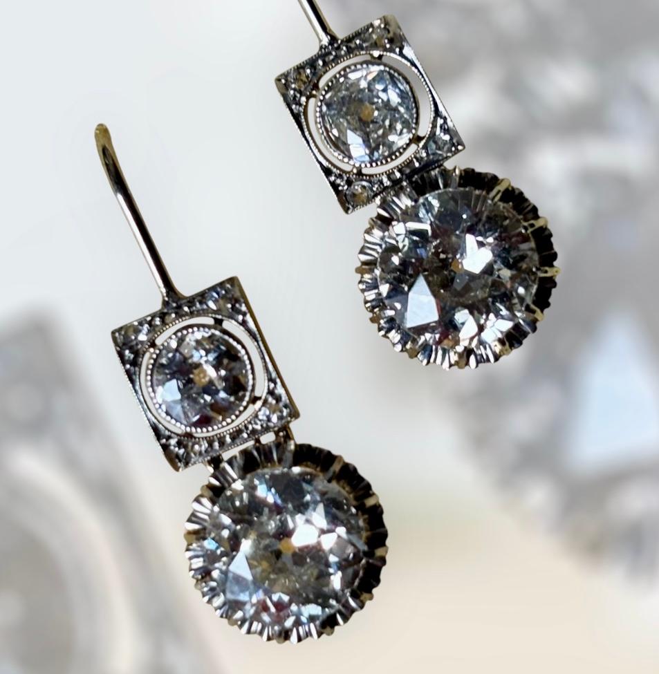 Boucles d'oreilles art déco en platine, 6,00 carats, diamant taille européenne, vers 1925 en vente 8