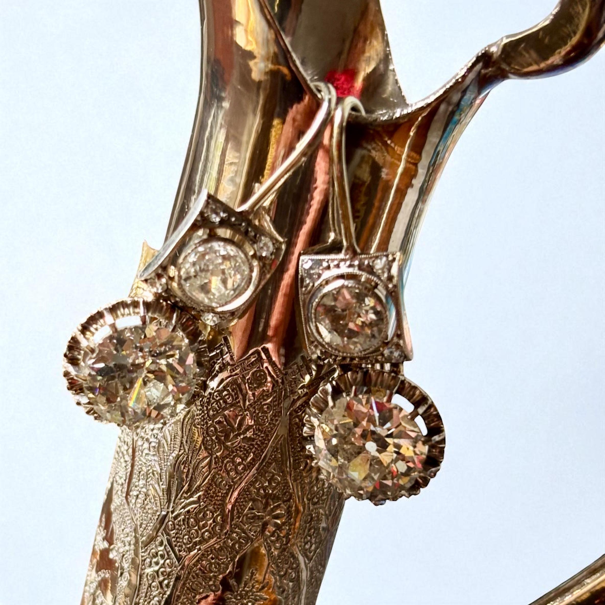 Boucles d'oreilles art déco en platine, 6,00 carats, diamant taille européenne, vers 1925 en vente 4
