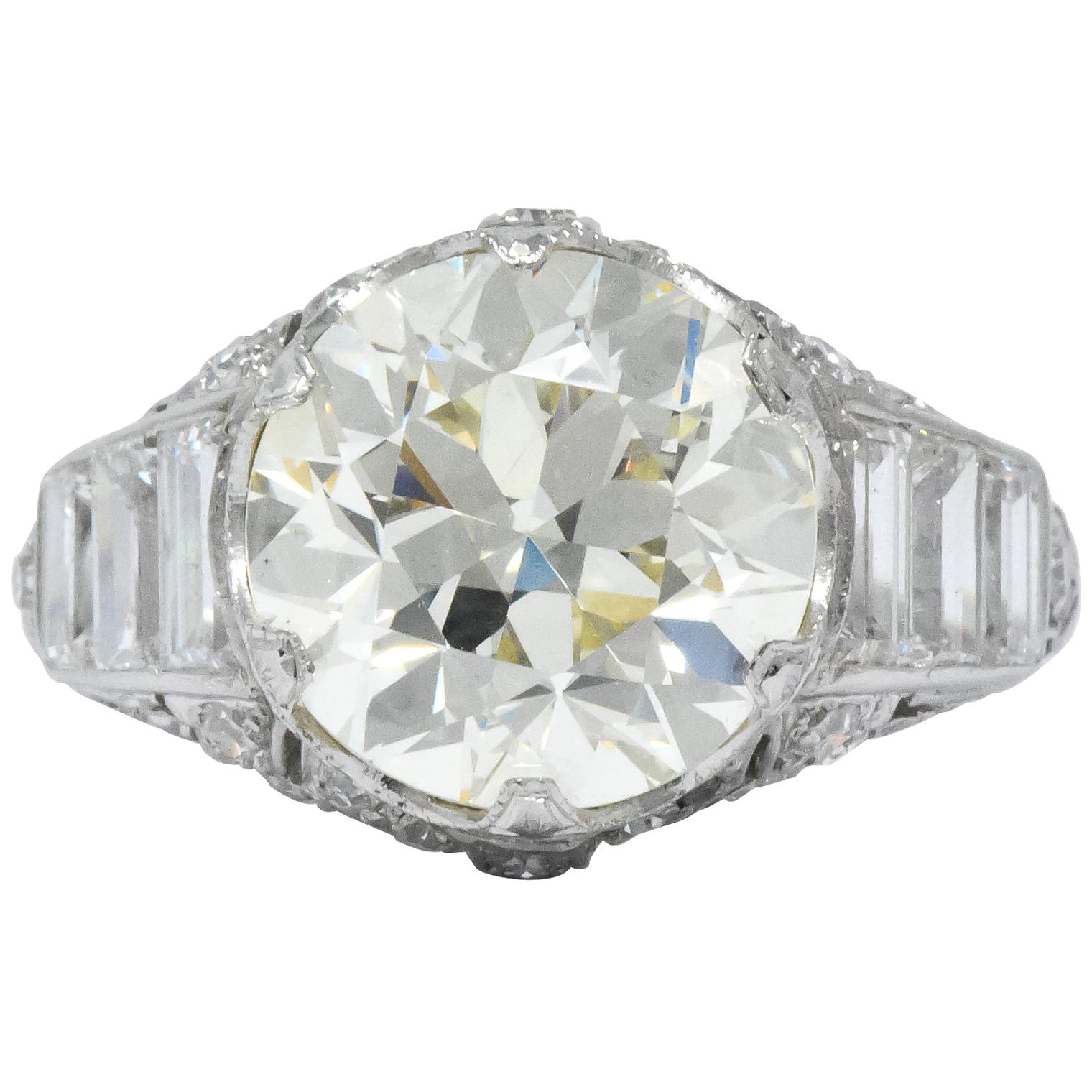 Art Deco 6.01 Carat Transitional Cut Diamond Platinum Engagement Ring GIA