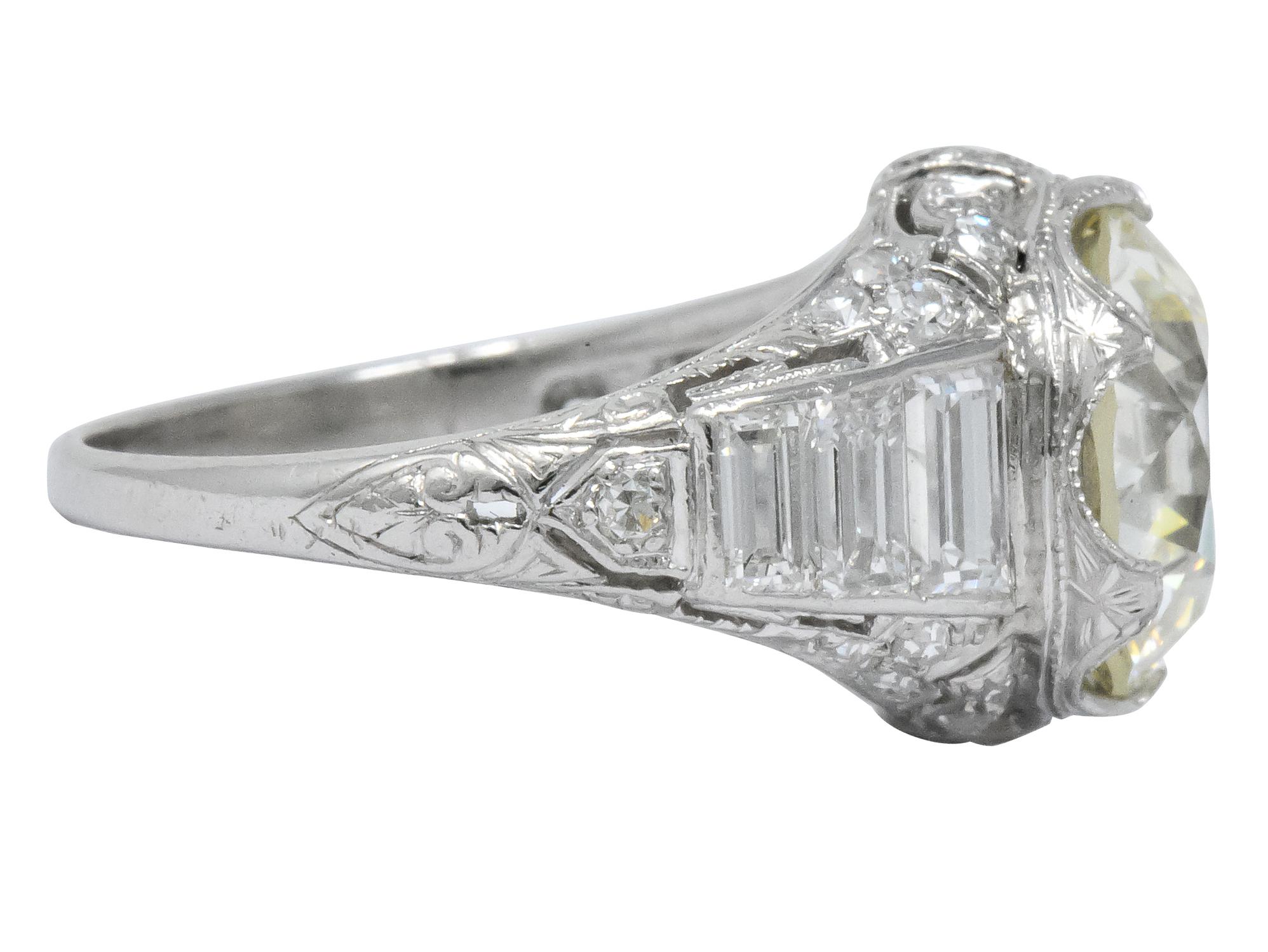 Round Cut Art Deco 6.01 Carat Transitional Cut Diamond Platinum Engagement Ring GIA