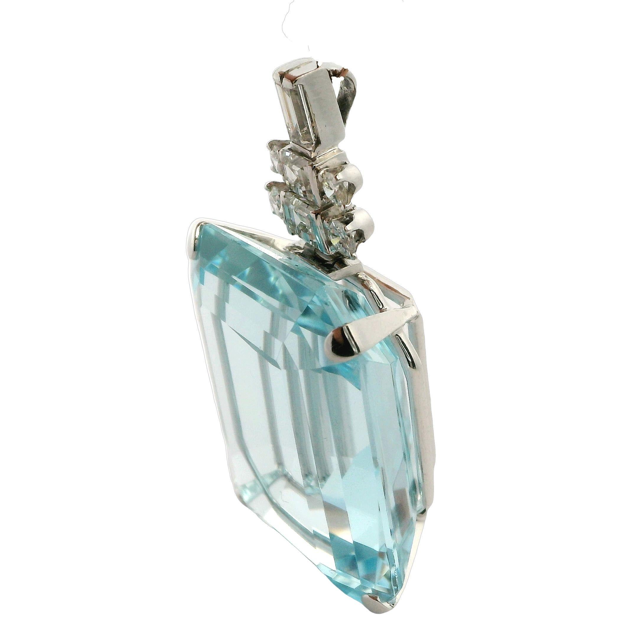 Art Deco 60ct Aquamarine and Diamond Platinum Pendant  For Sale 1