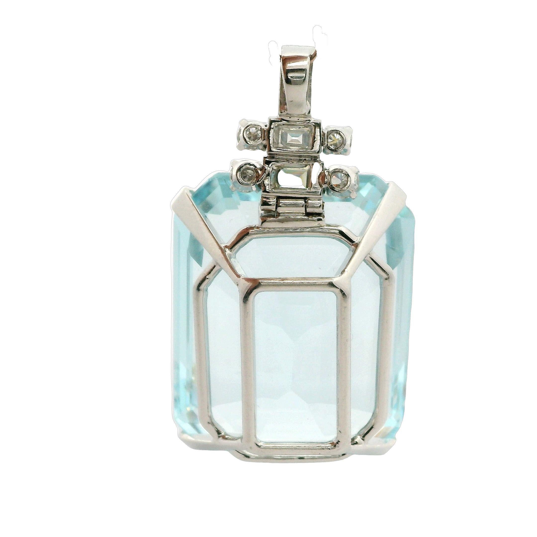 Art Deco 60ct Aquamarine and Diamond Platinum Pendant  For Sale 3