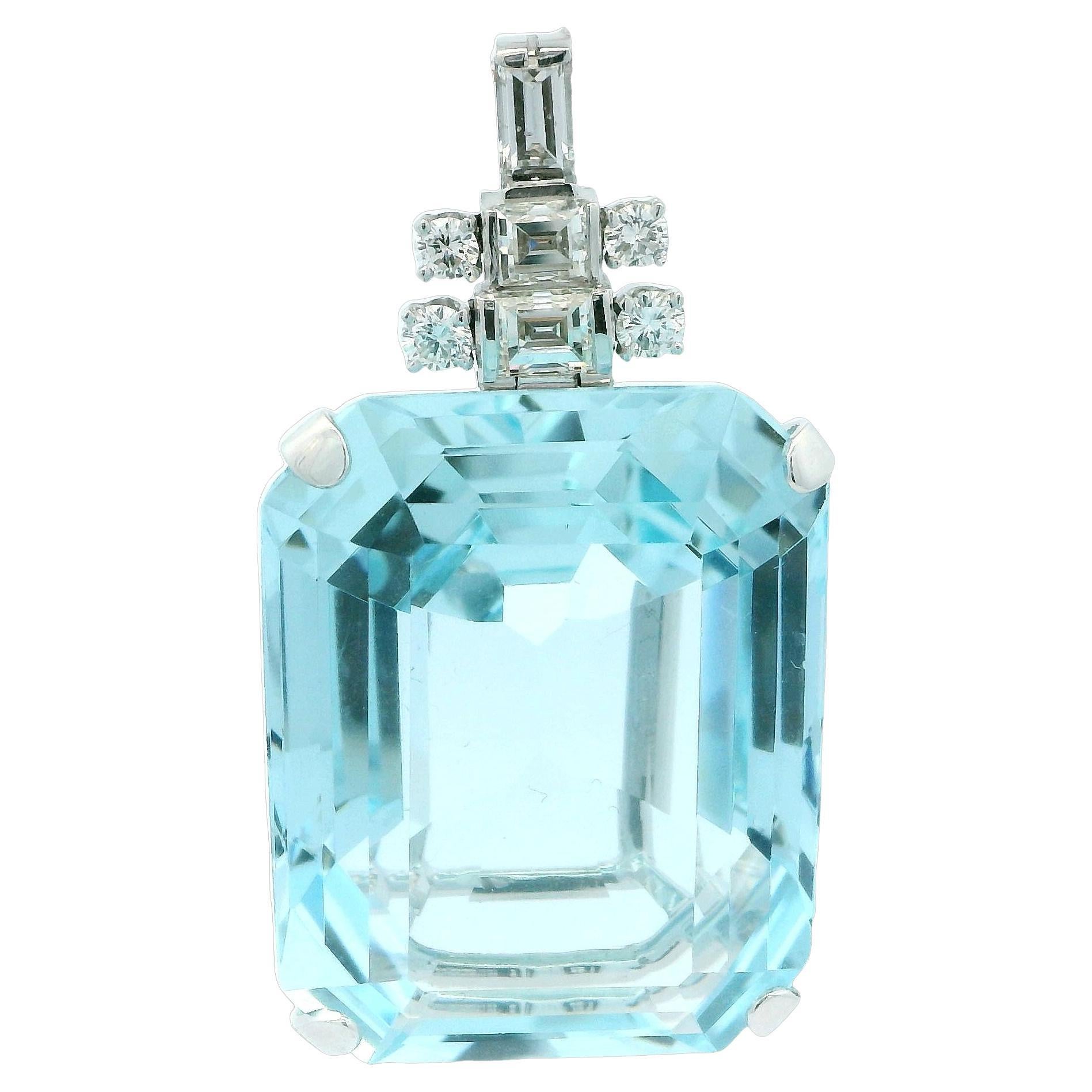 Art Deco 60ct Aquamarine and Diamond Platinum Pendant  For Sale