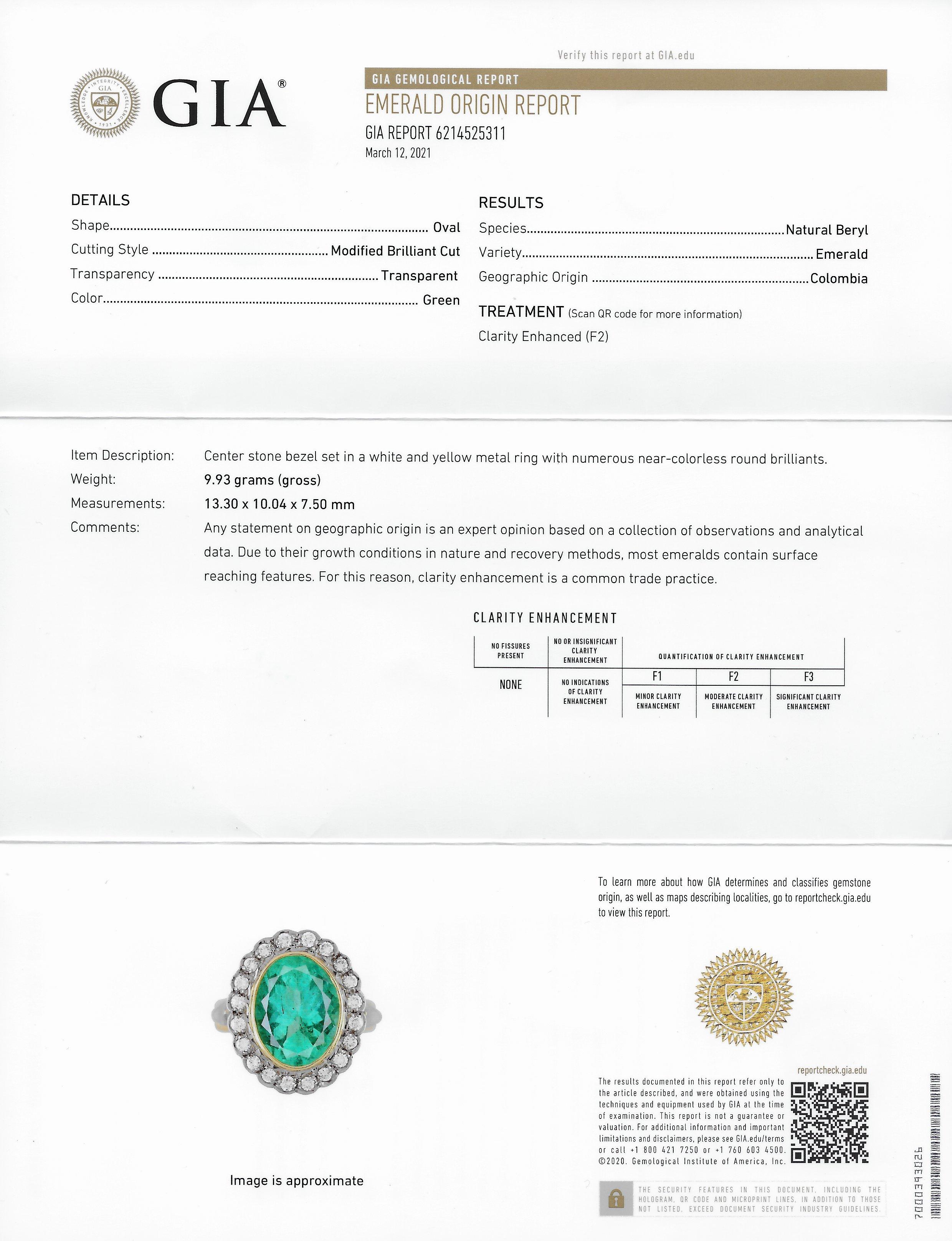 Art Deco 6.15 Carats Colombian Emerald Diamond 18 Karat Gold Cluster Ring GIA 5