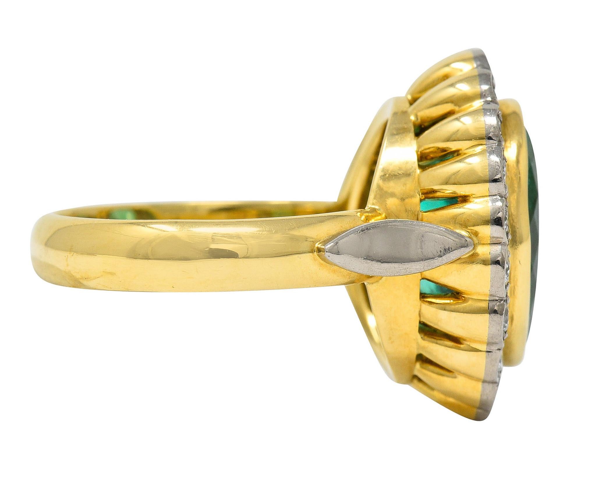 Oval Cut Art Deco 6.15 Carats Colombian Emerald Diamond 18 Karat Gold Cluster Ring GIA