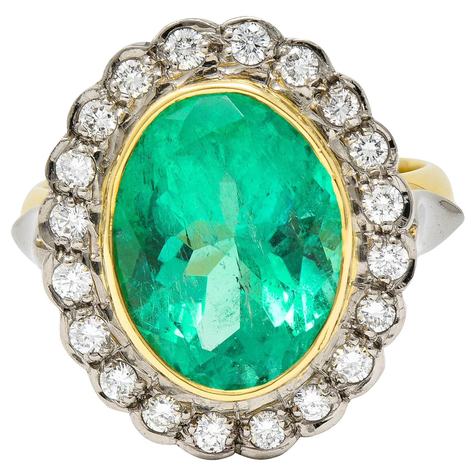 Art Deco 6.15 Carats Colombian Emerald Diamond 18 Karat Gold Cluster Ring GIA