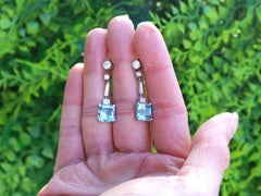 Art Deco 6.20 Carat Aquamarine 1 Carat Diamond 15k Yellow Gold Drop Earrings