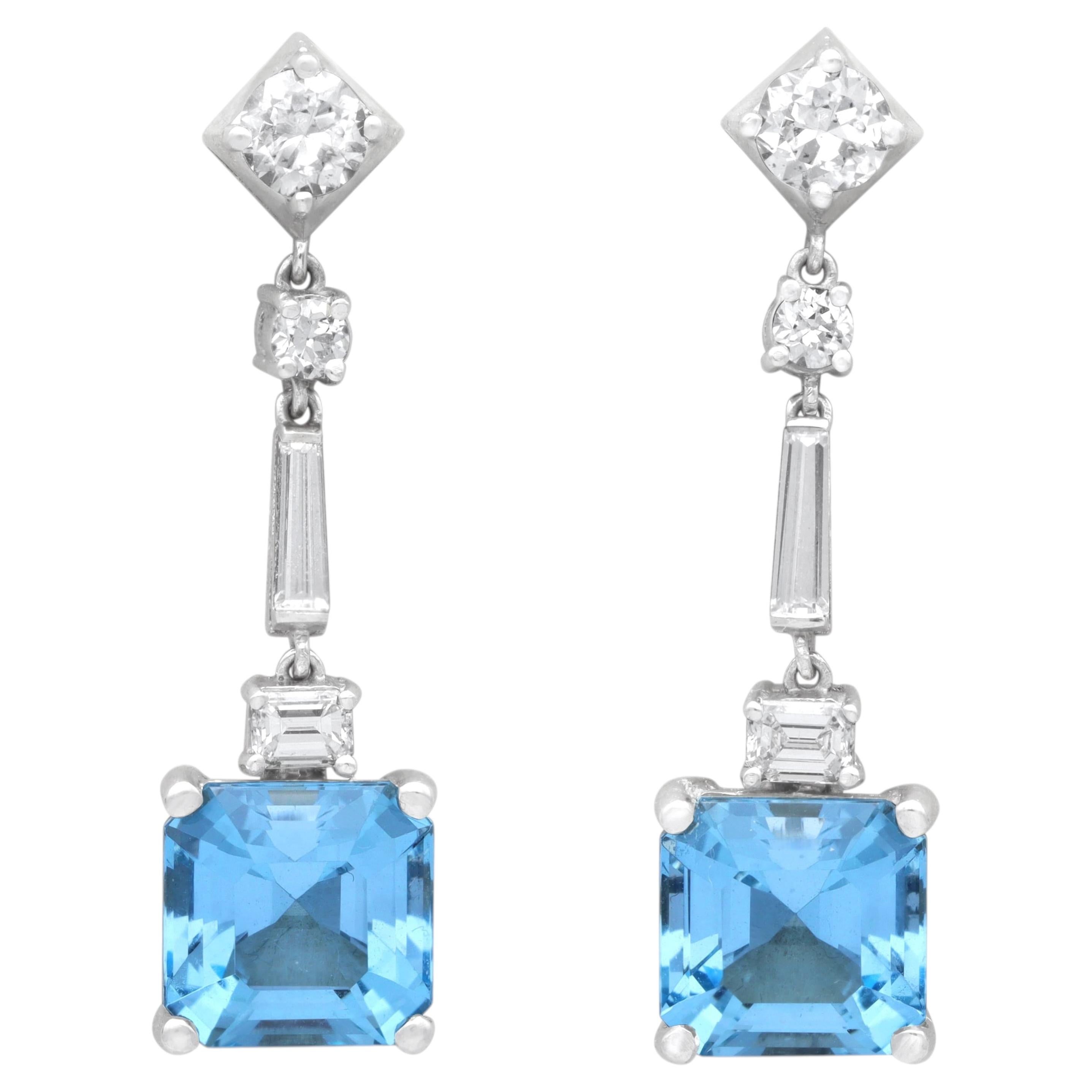 Art-Déco-Ohrringe im Tropfenstil aus 15-karätigem Gelbgold mit einem 6,20-Karat-Aquamarin und einem 1-Karat-Diamanten