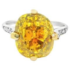 Antique Art-Deco 6.24 Carat Fancy Deep Orange-Yellow Diamond Platinum Ring, GIA Cert
