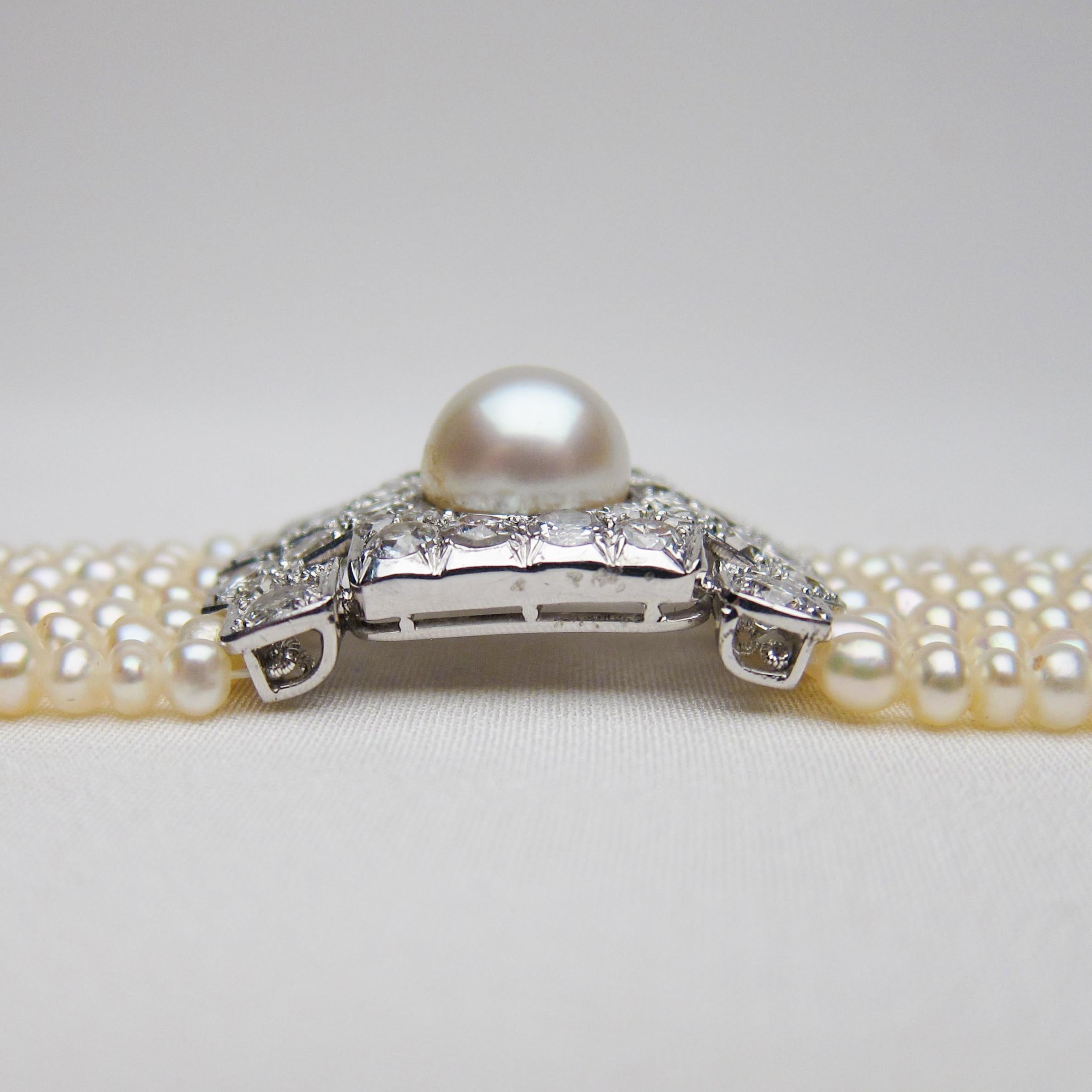 Old European Cut Art Deco 6.25 Carat Diamond and Platinum Pearl Strand Choker For Sale
