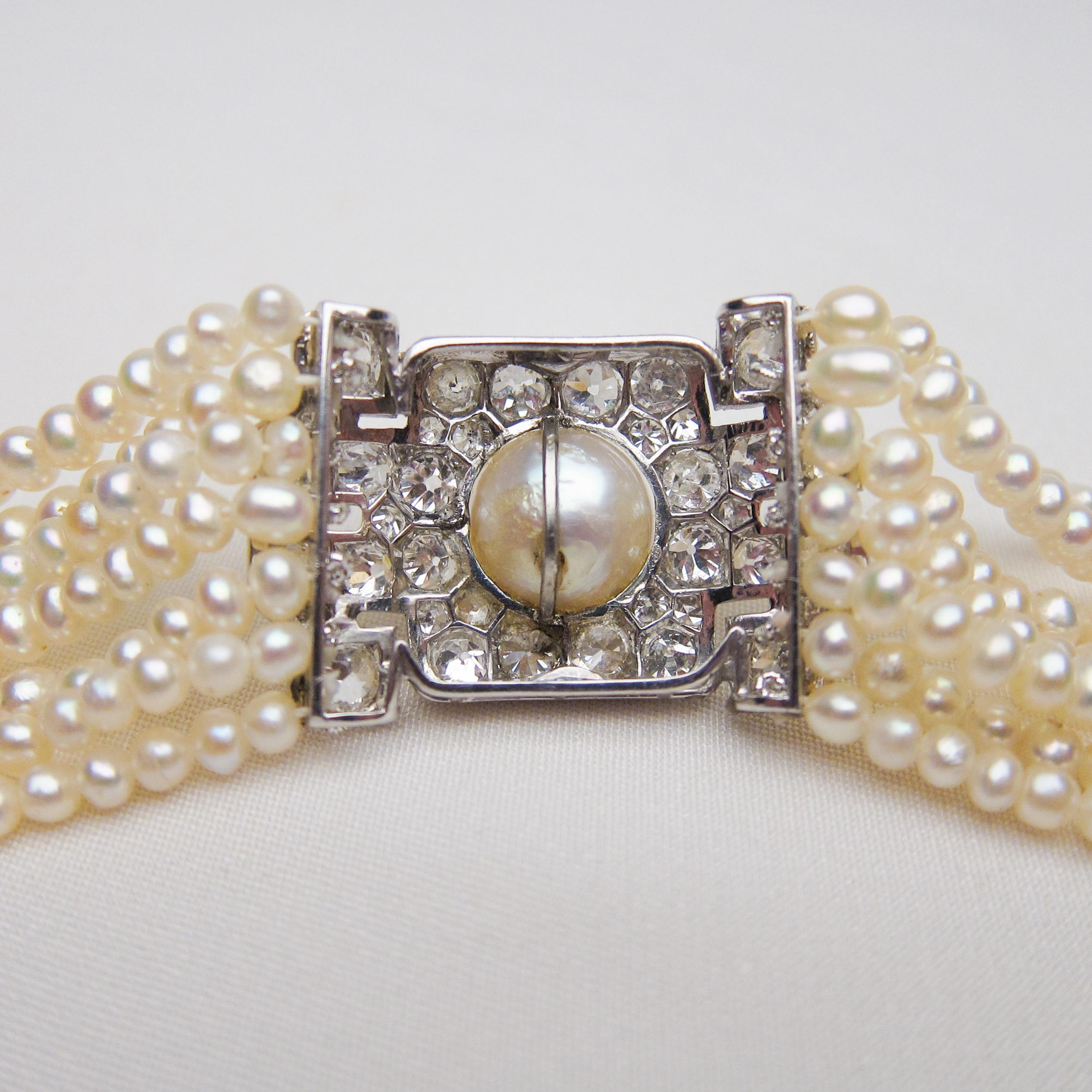 Women's Art Deco 6.25 Carat Diamond and Platinum Pearl Strand Choker For Sale