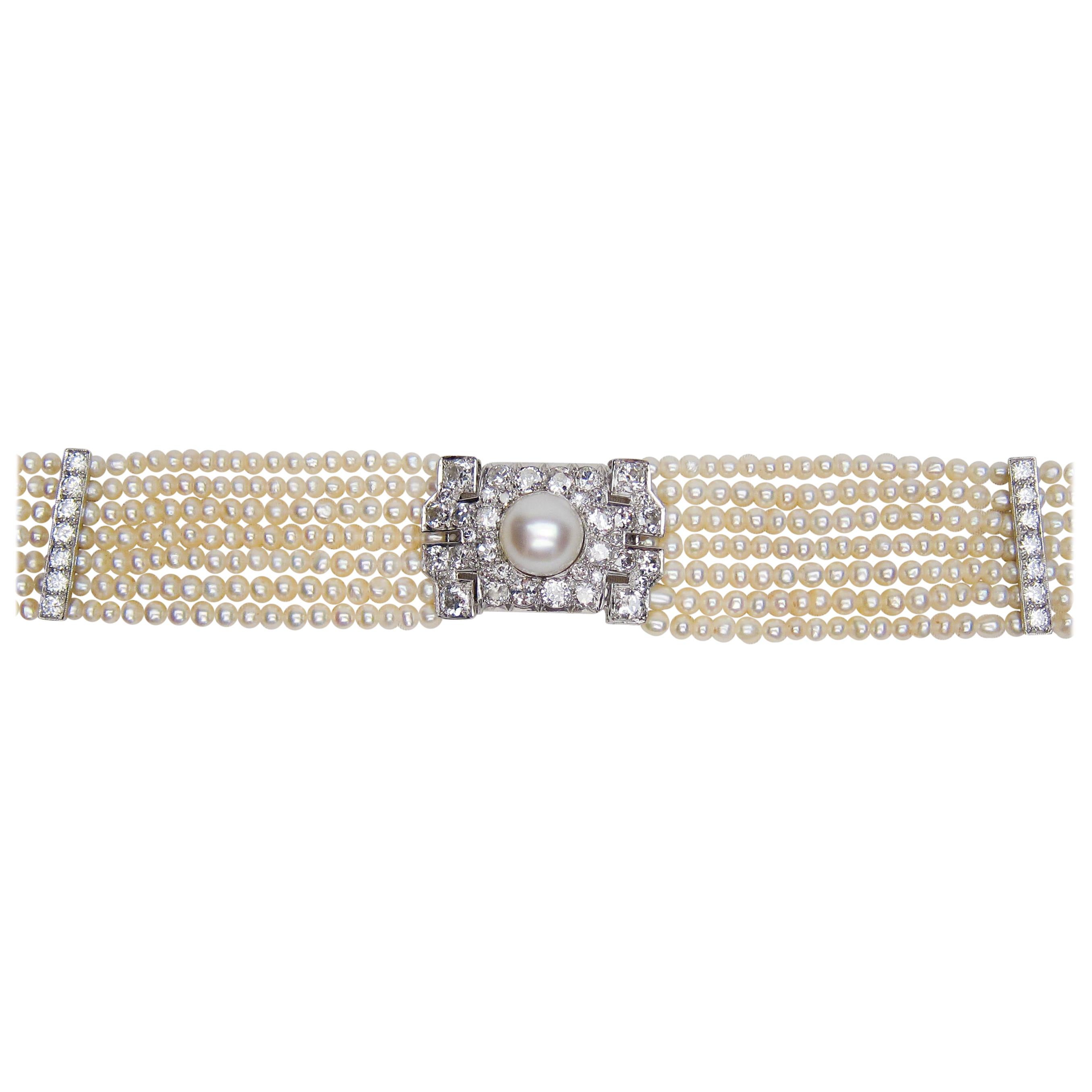 Art Deco 6.25 Carat Diamond and Platinum Pearl Strand Choker For Sale