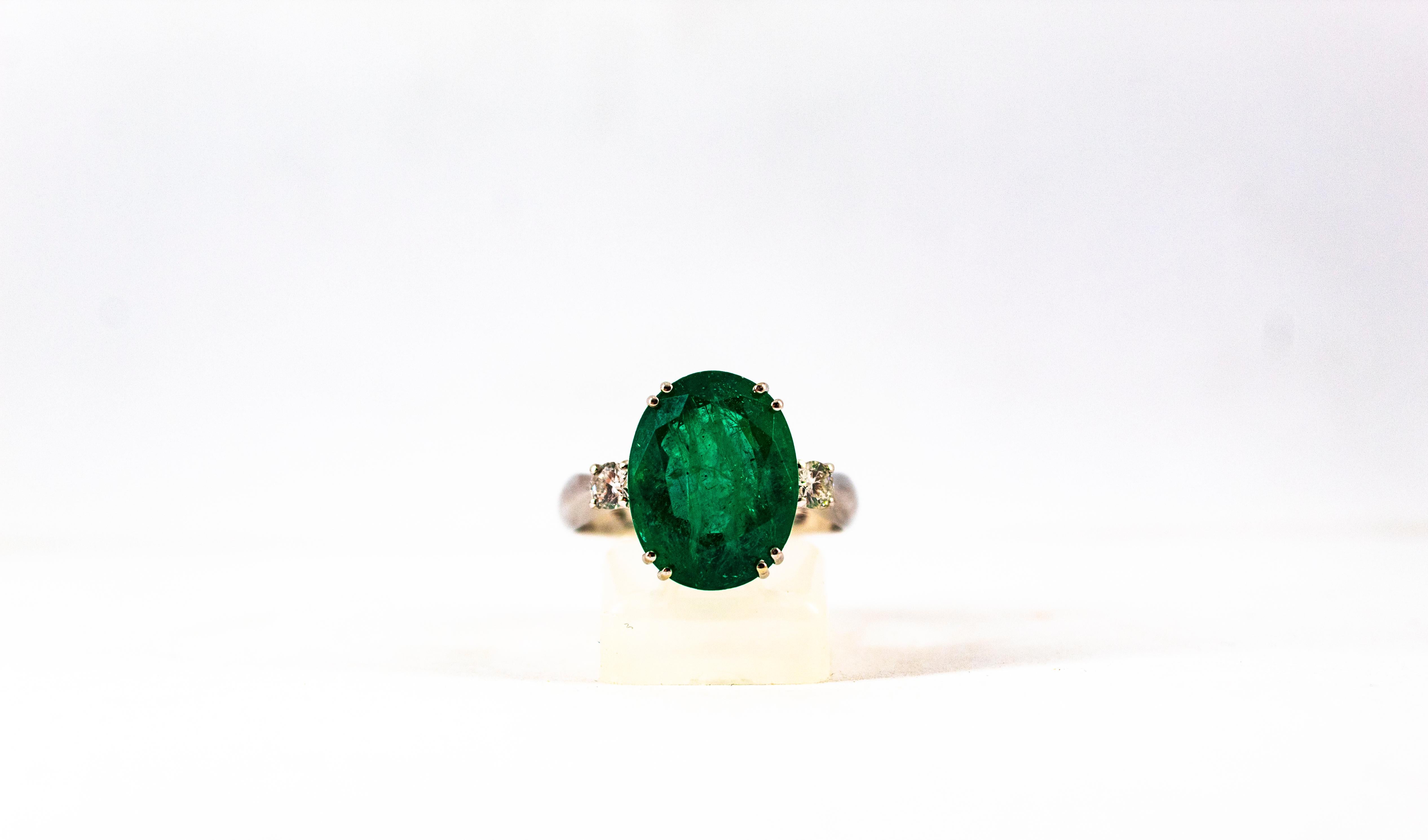 Art Deco Style 6.29 Carat Emerald 0.20 Carat Diamond White Gold Cocktail Ring 6