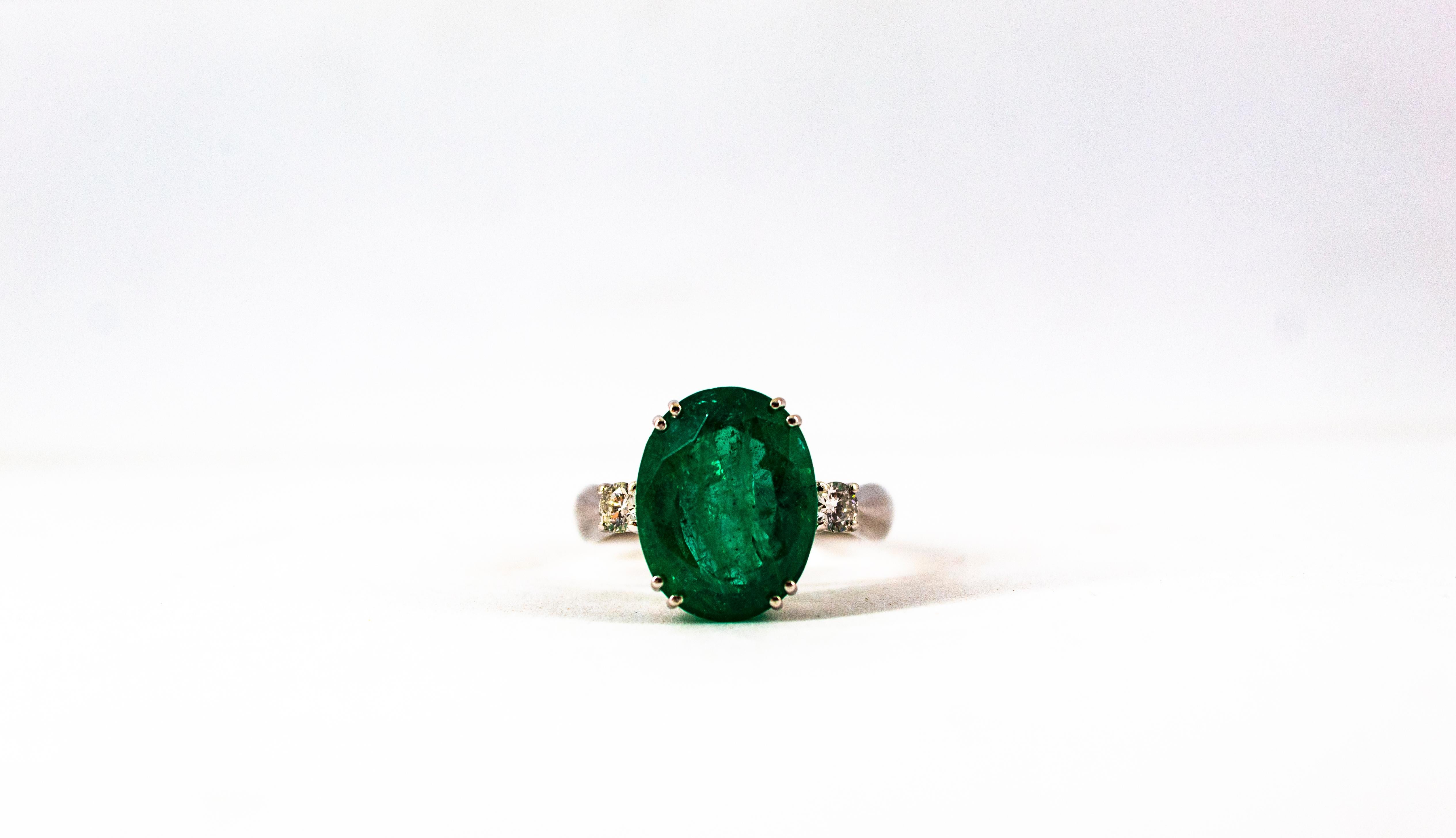 Art Deco Style 6.29 Carat Emerald 0.20 Carat Diamond White Gold Cocktail Ring 10