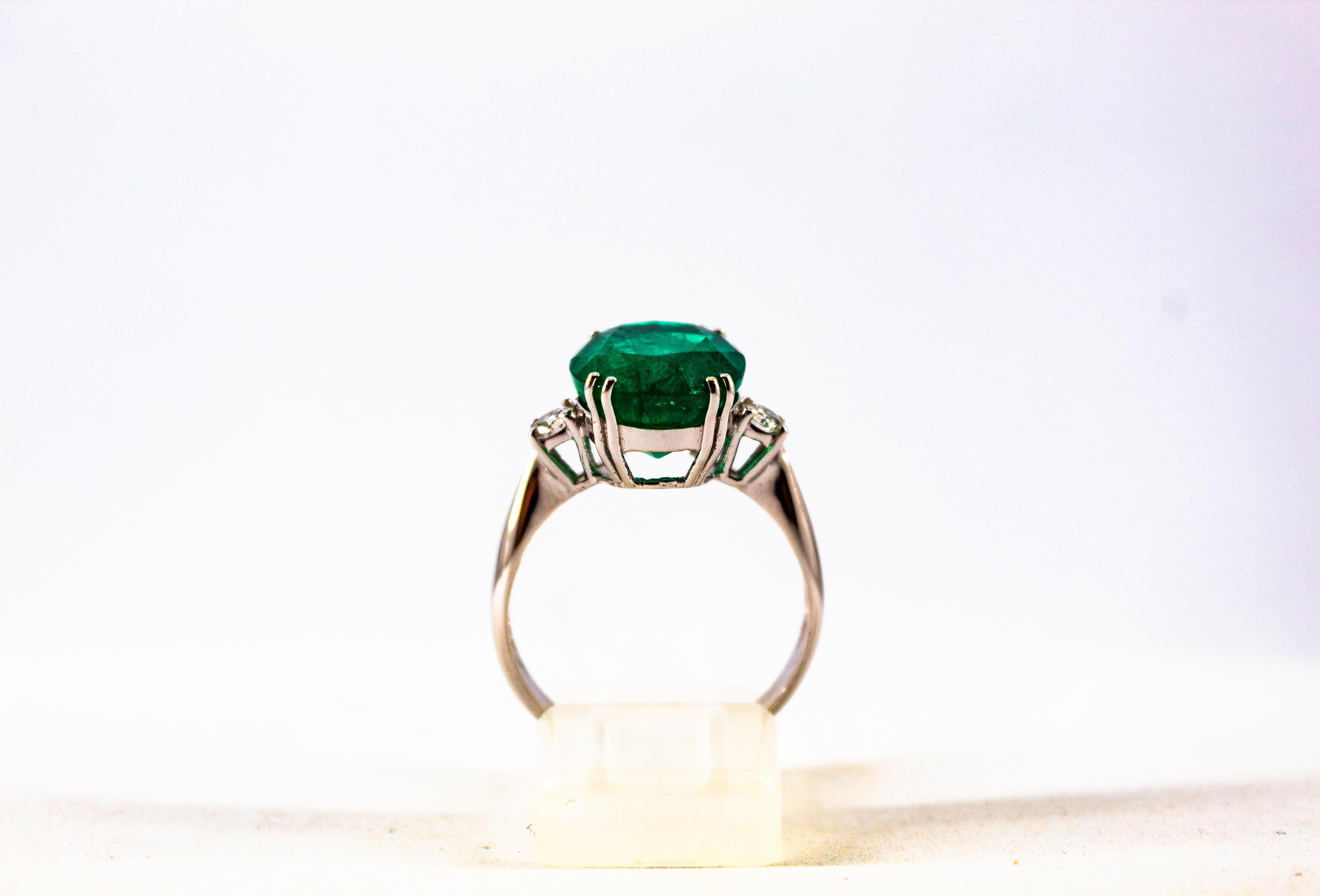 Round Cut Art Deco Style 6.29 Carat Emerald 0.20 Carat Diamond White Gold Cocktail Ring