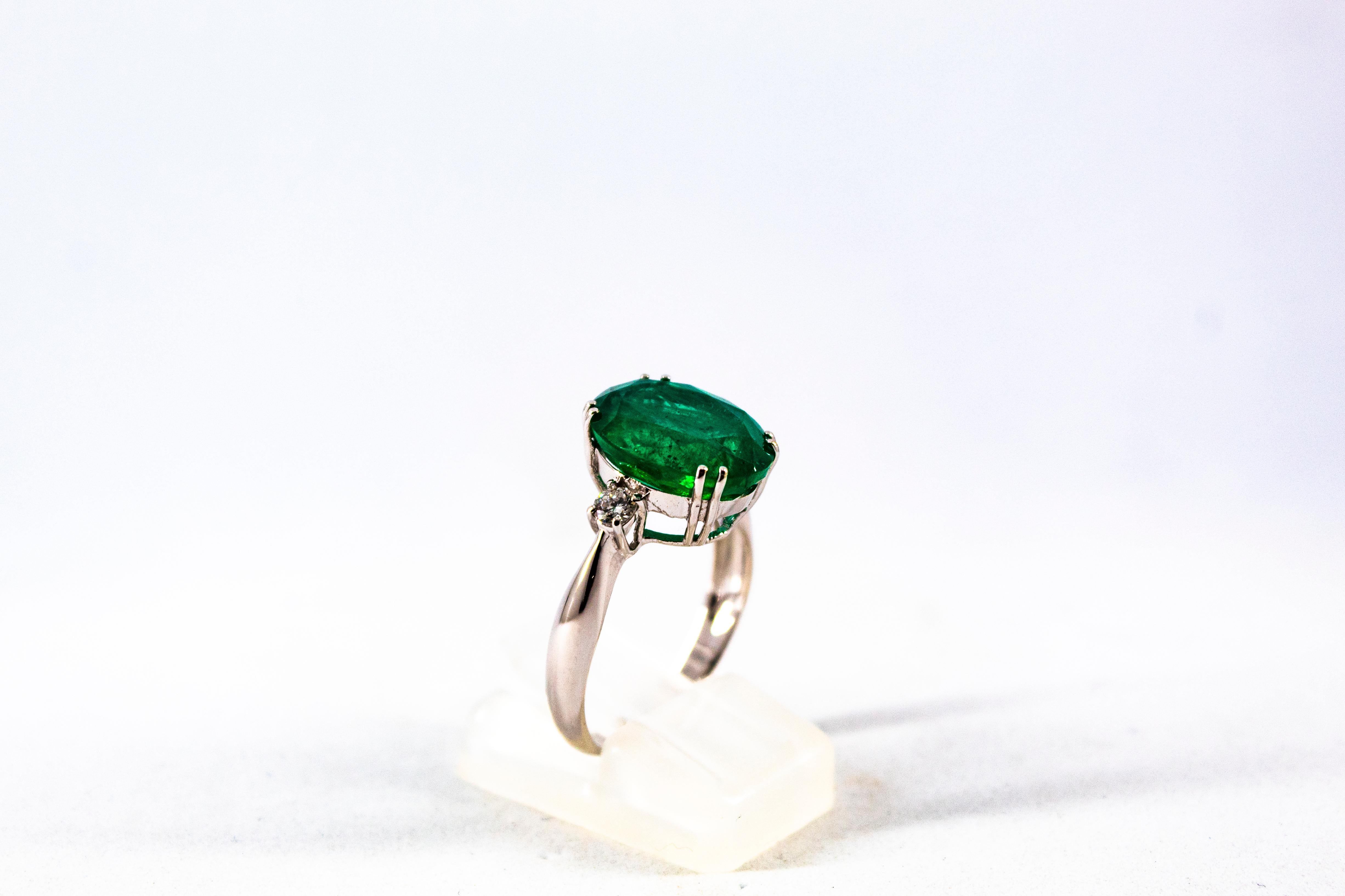 Women's or Men's Art Deco Style 6.29 Carat Emerald 0.20 Carat Diamond White Gold Cocktail Ring