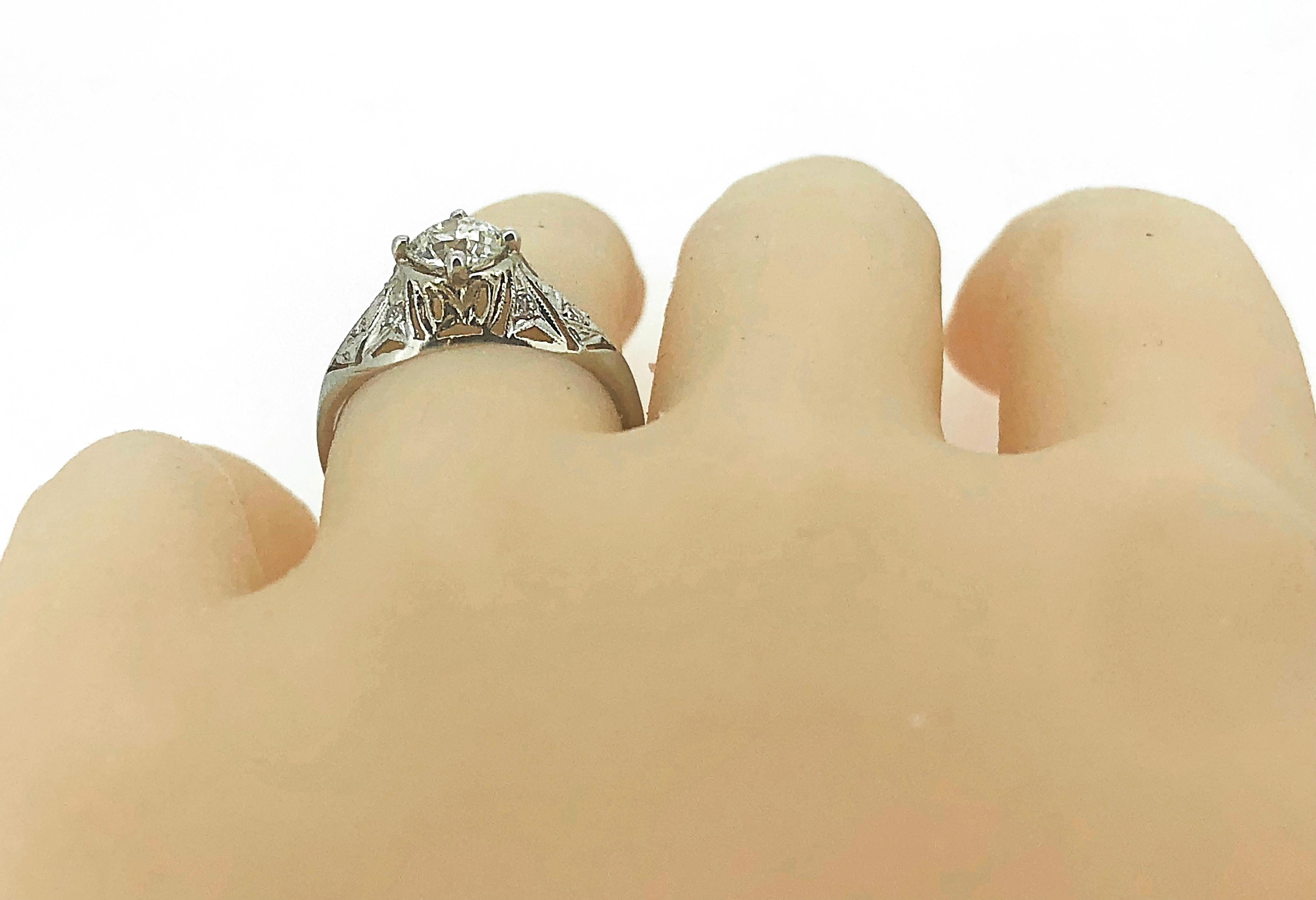 Art Deco .63 Carat Diamond Platinum Engagement Ring For Sale 2