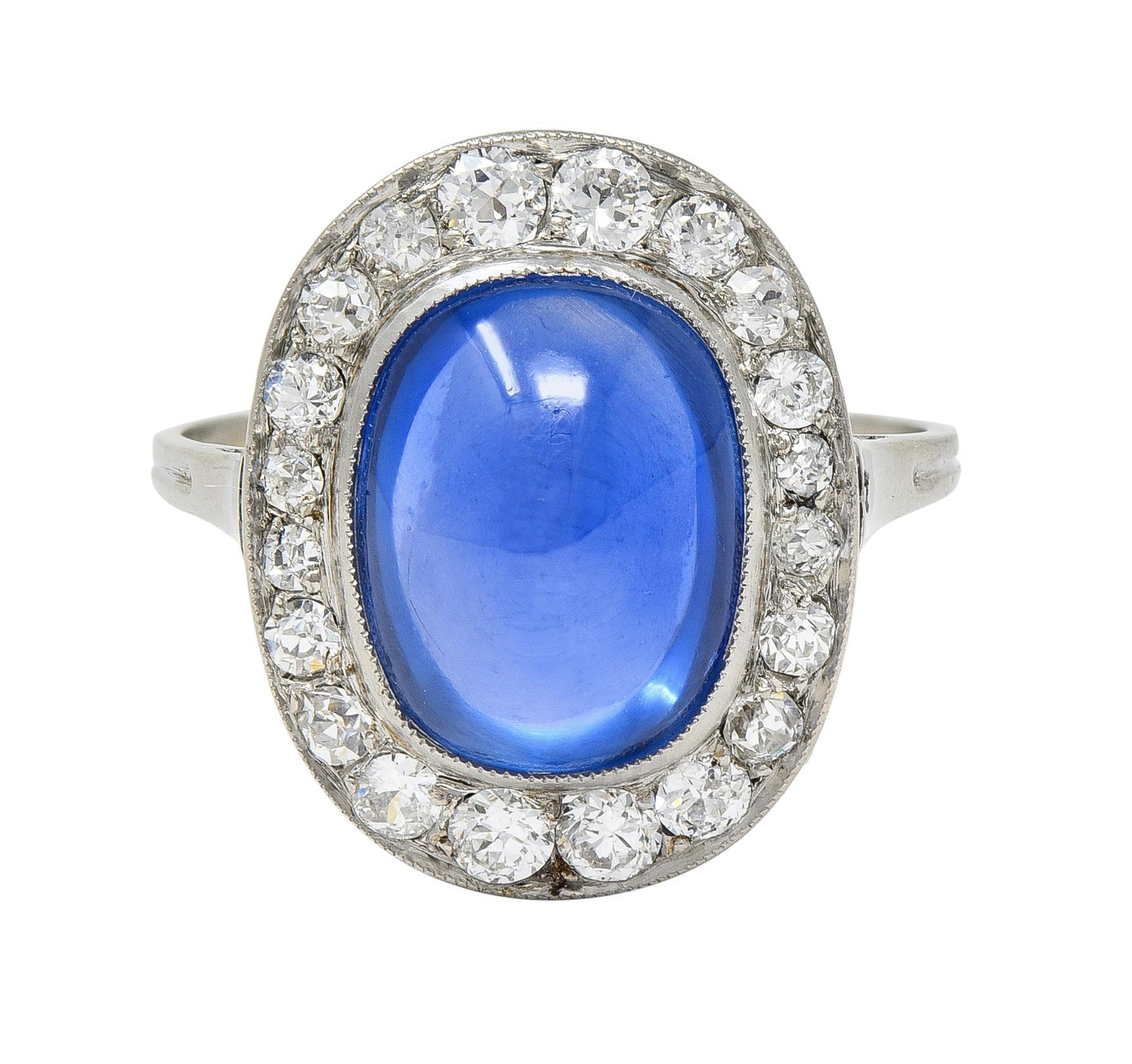 Art Deco 6.32 CTW No Heat Burma Sapphire Diamond Platinum Halo Ring AGL For Sale 6