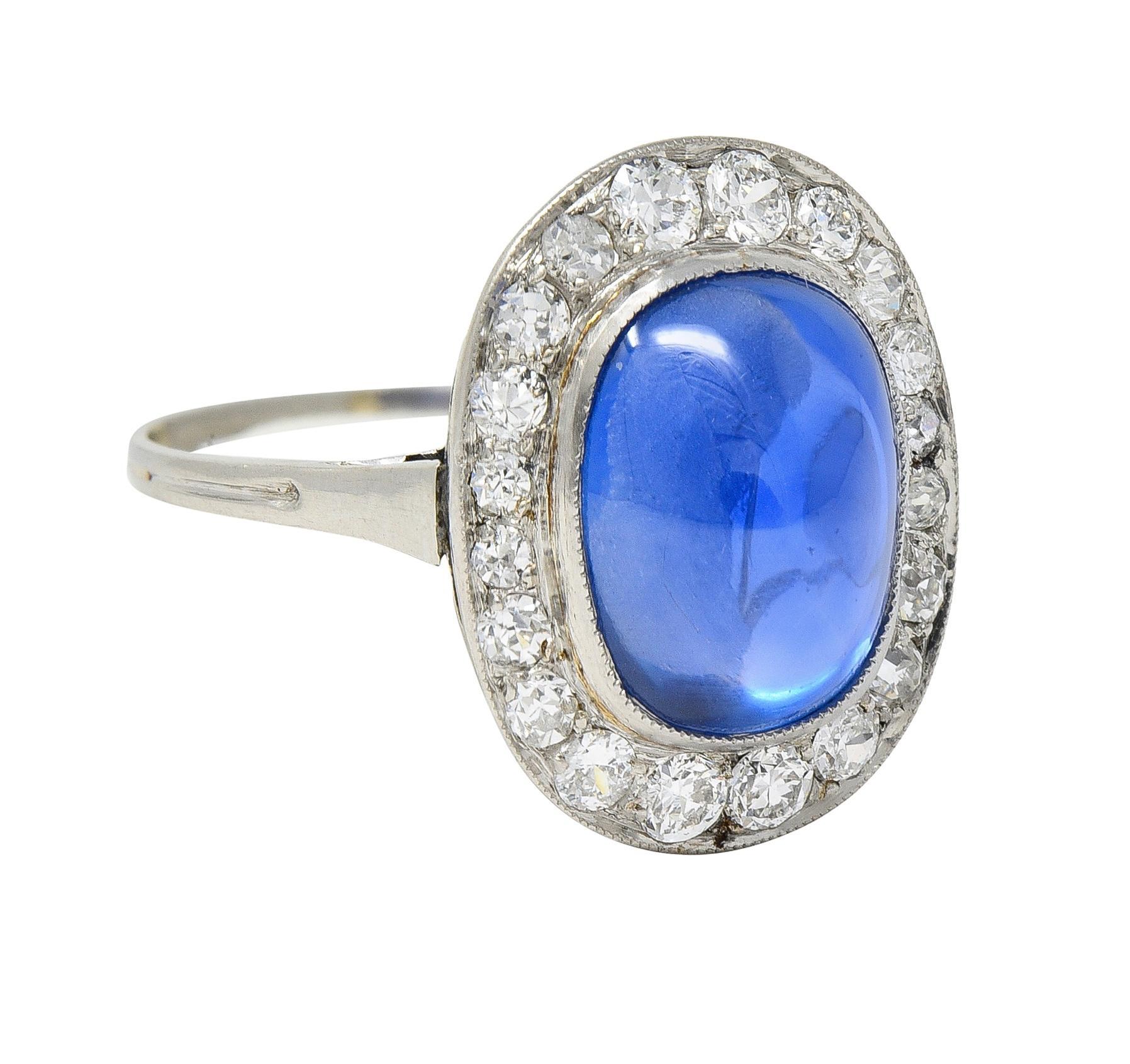 Cabochon Art Deco 6.32 CTW No Heat Burma Sapphire Diamond Platinum Halo Ring AGL For Sale
