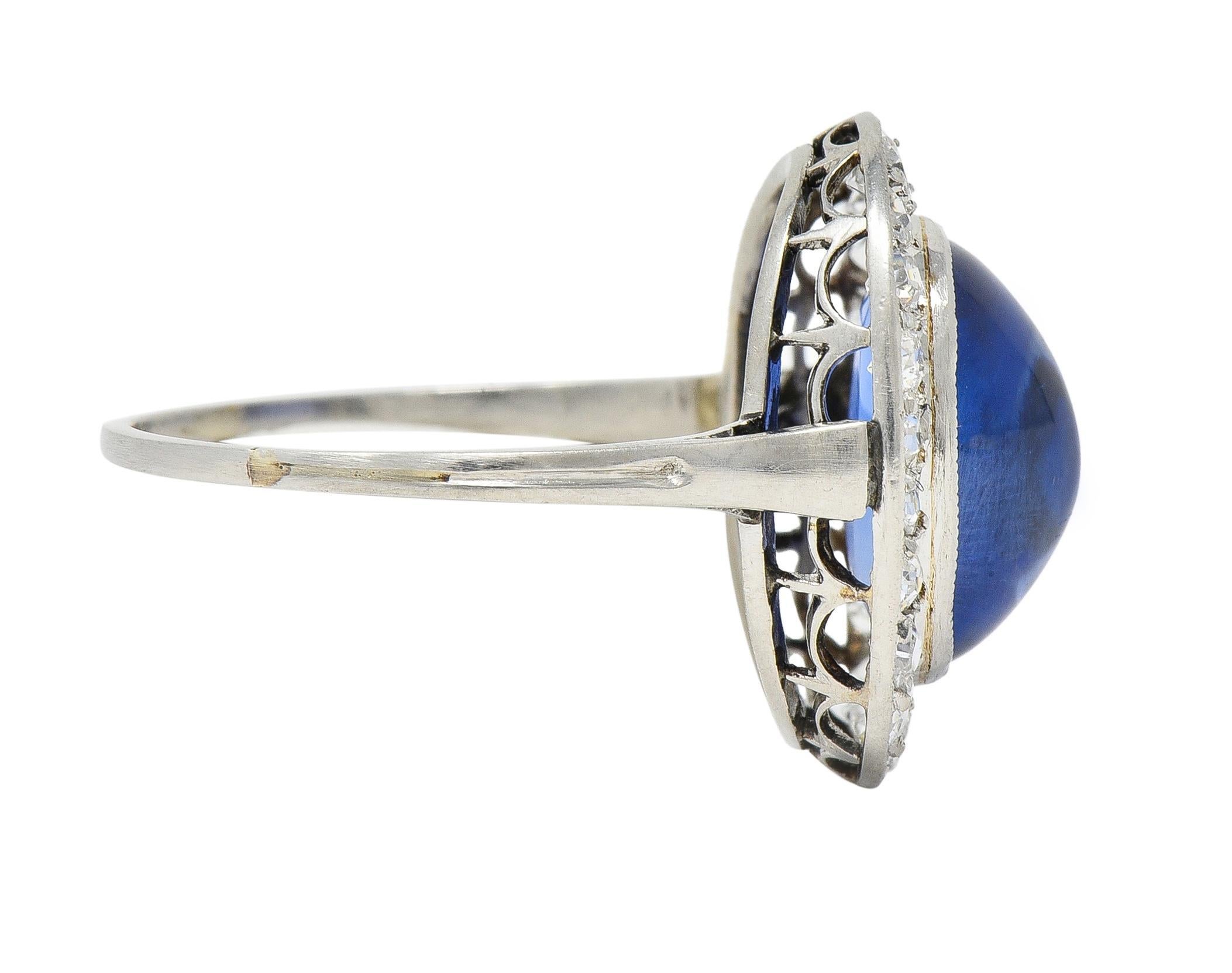Art Deco 6.32 CTW No Heat Burma Sapphire Diamond Platinum Halo Ring AGL In Excellent Condition For Sale In Philadelphia, PA
