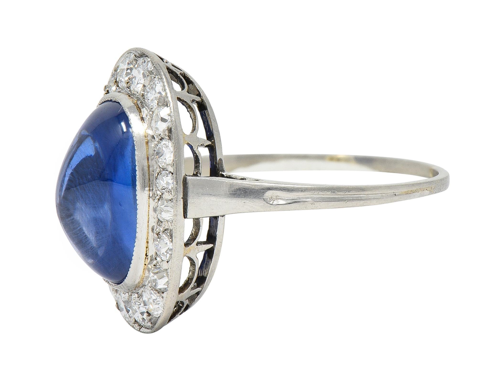 Art Deco 6.32 CTW No Heat Burma Sapphire Diamond Platinum Halo Ring AGL For Sale 1