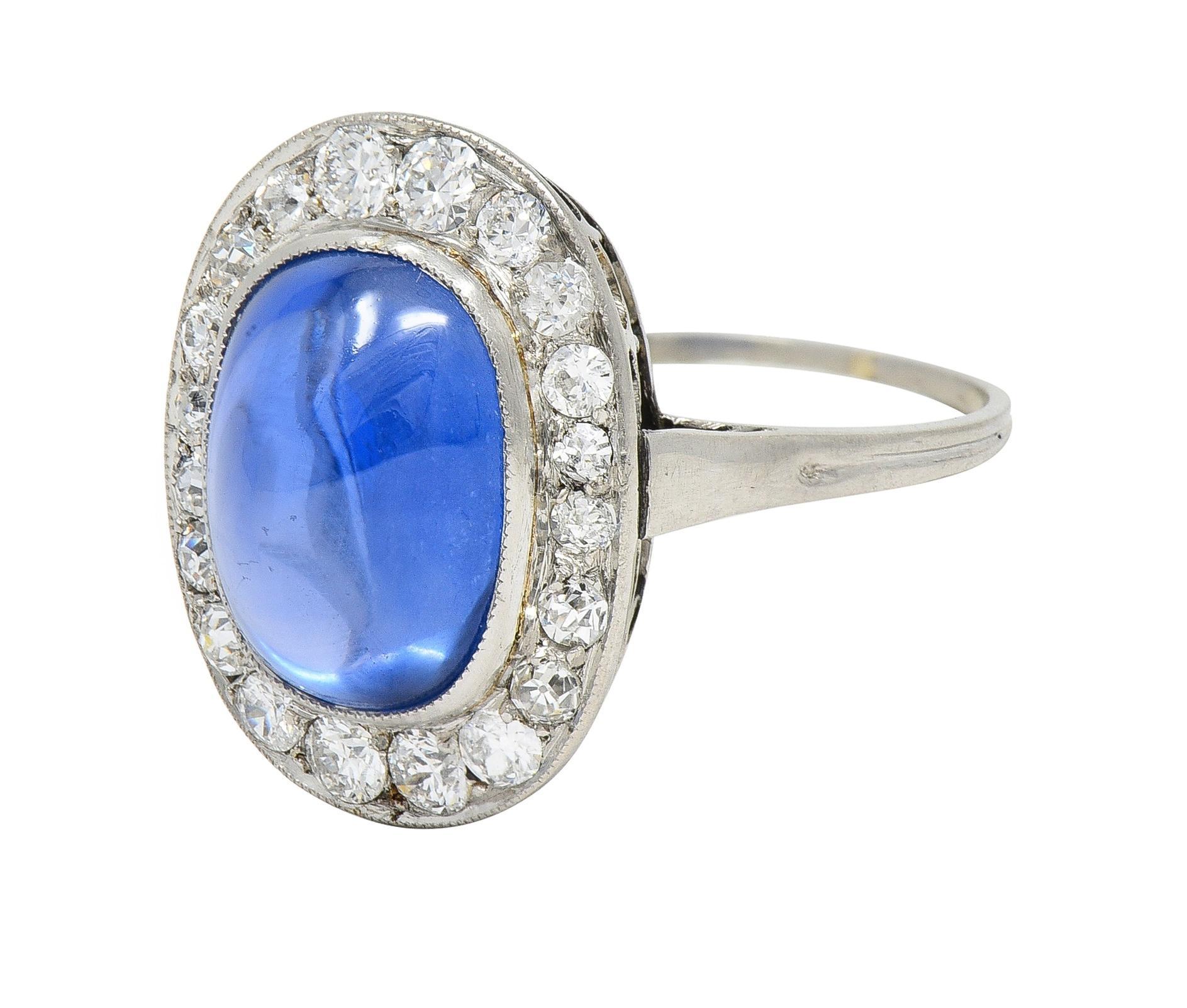 Art Deco 6.32 CTW No Heat Burma Sapphire Diamond Platinum Halo Ring AGL For Sale 2