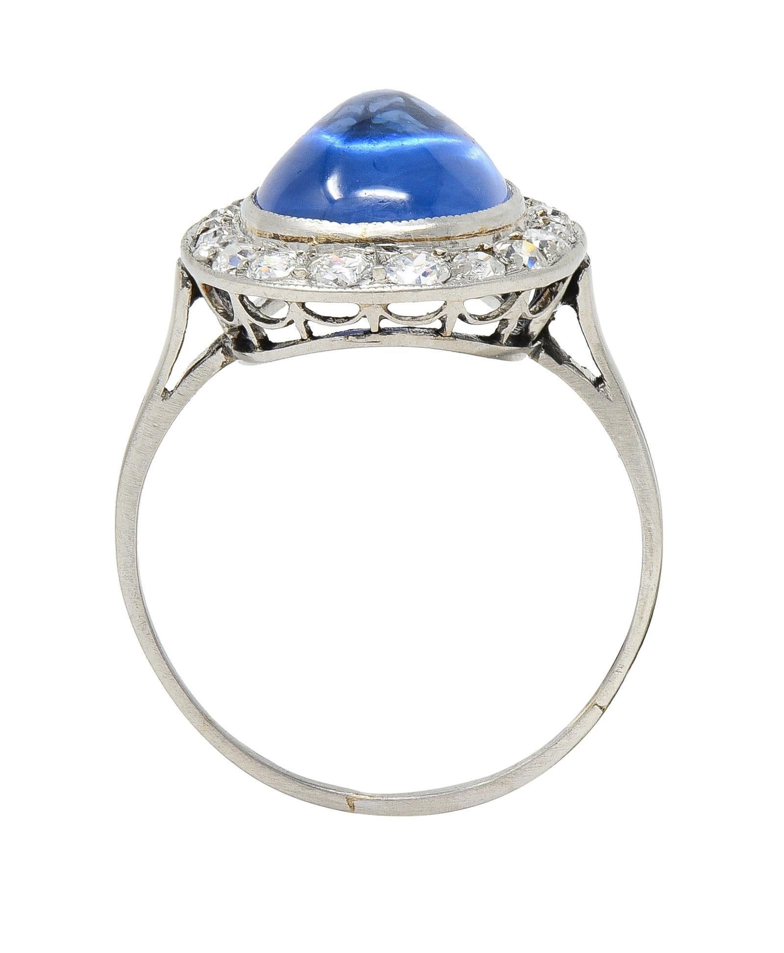 Art Deco 6.32 CTW No Heat Burma Sapphire Diamond Platinum Halo Ring AGL For Sale 4