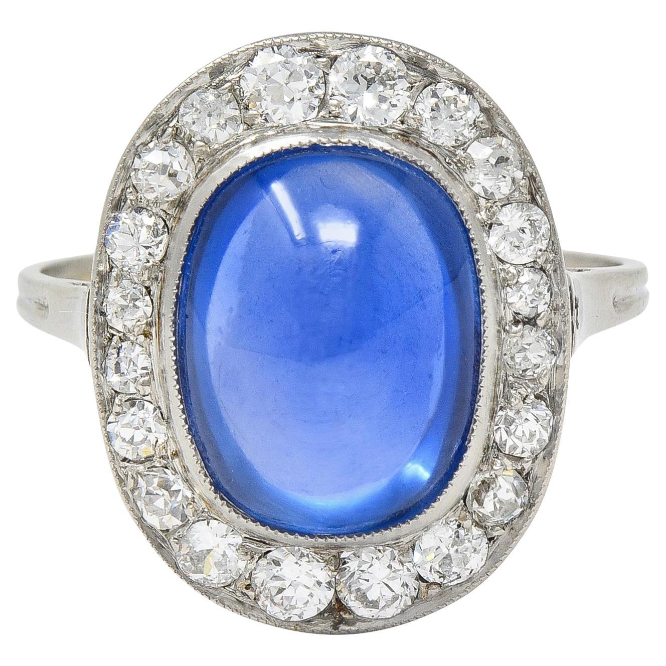 Art Deco 6.32 CTW No Heat Burma Sapphire Diamond Platinum Halo Ring AGL For Sale