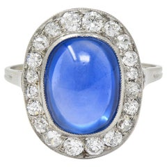 Vintage Art Deco 6.32 CTW No Heat Burma Sapphire Diamond Platinum Halo Ring AGL