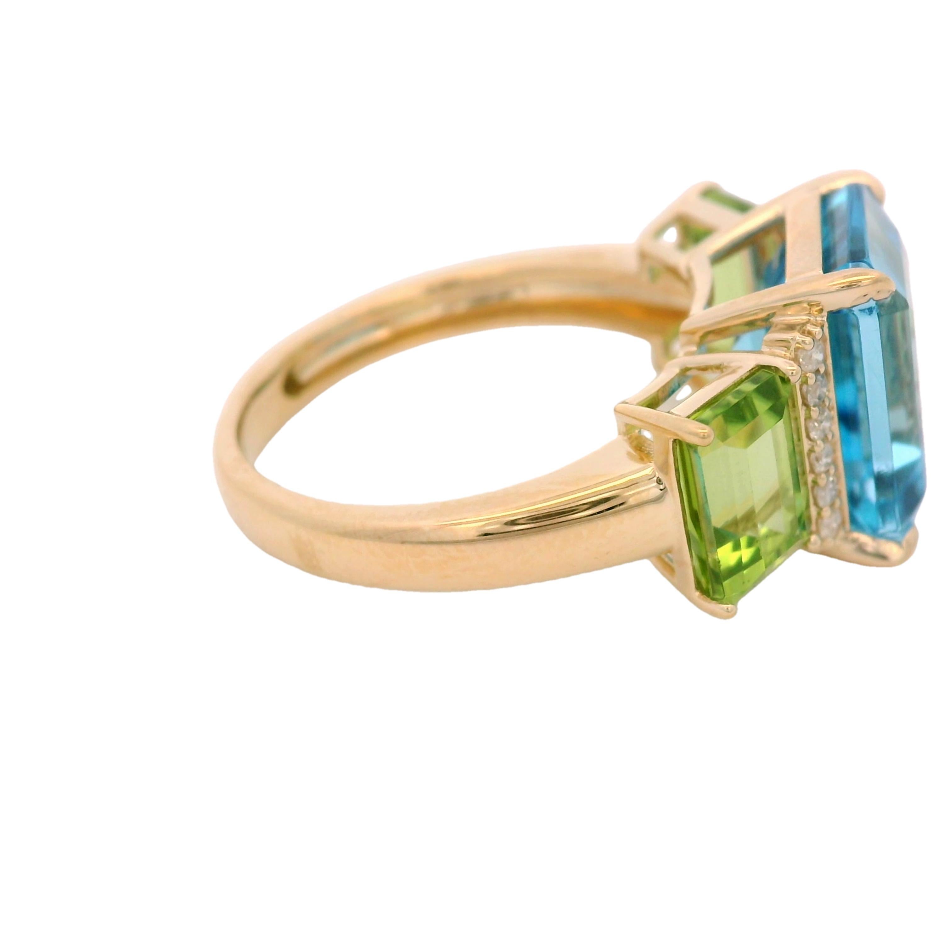 Immerse yourself in a vibrant symphony of colors with this 14 Karat Yellow Gold Statement Ring. Featuring a mesmerizing 6.32-carat blue topaz as its centerpiece, this ring captivates with its radiant hues and elegant emerald-cut shape. Flanking the
