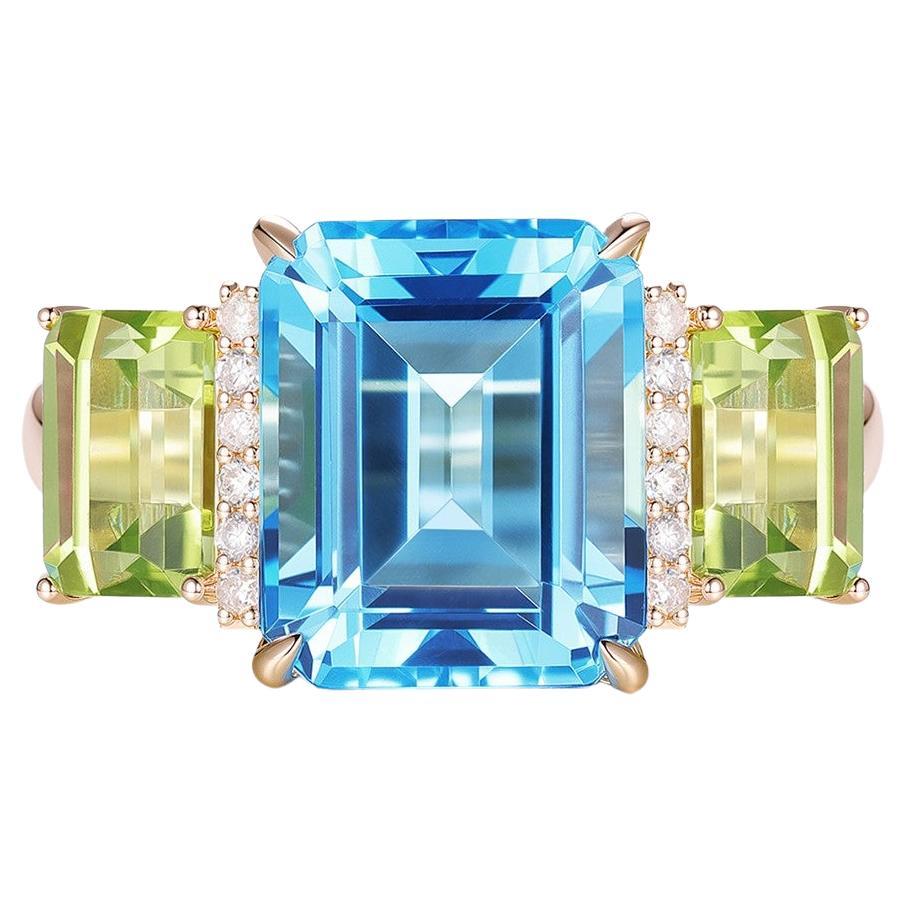 Art Deco 6.32Ct Swiss Blue Topaz Peridot Diamond Ring in 14 Karat Yellow Gold