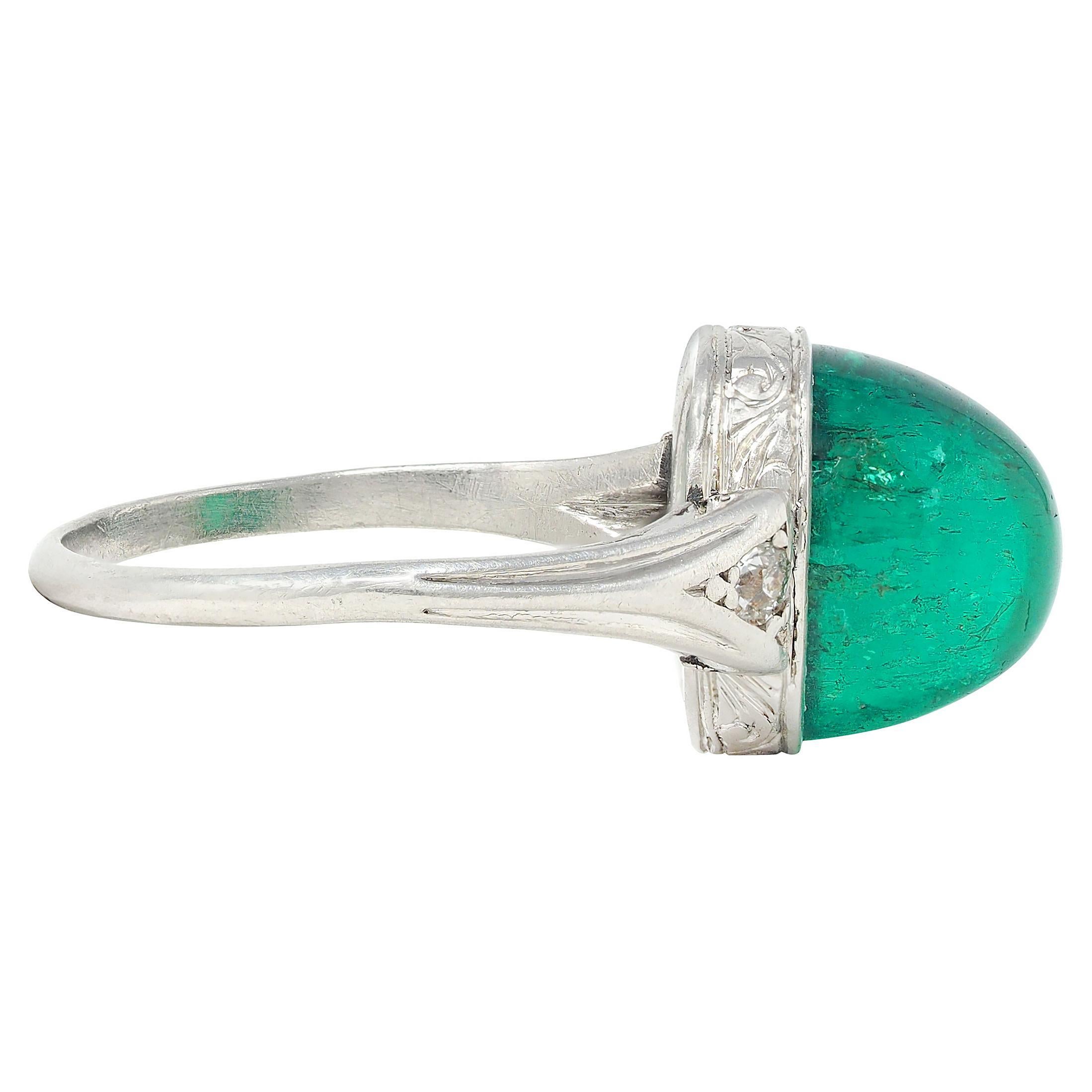 Art Deco 6.34 CTW Colombian Emerald Diamond Platinum Vintage Scrolling Ring AGL In condizioni ottime in vendita a Philadelphia, PA