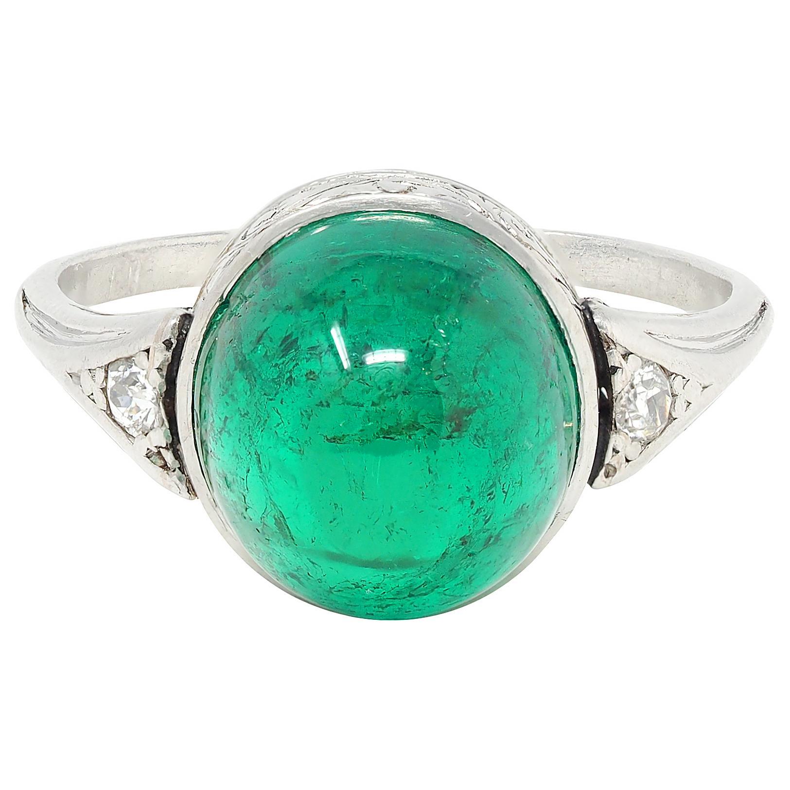Art Deco 6.34 CTW Colombian Emerald Diamond Platinum Vintage Scrolling Ring AGL