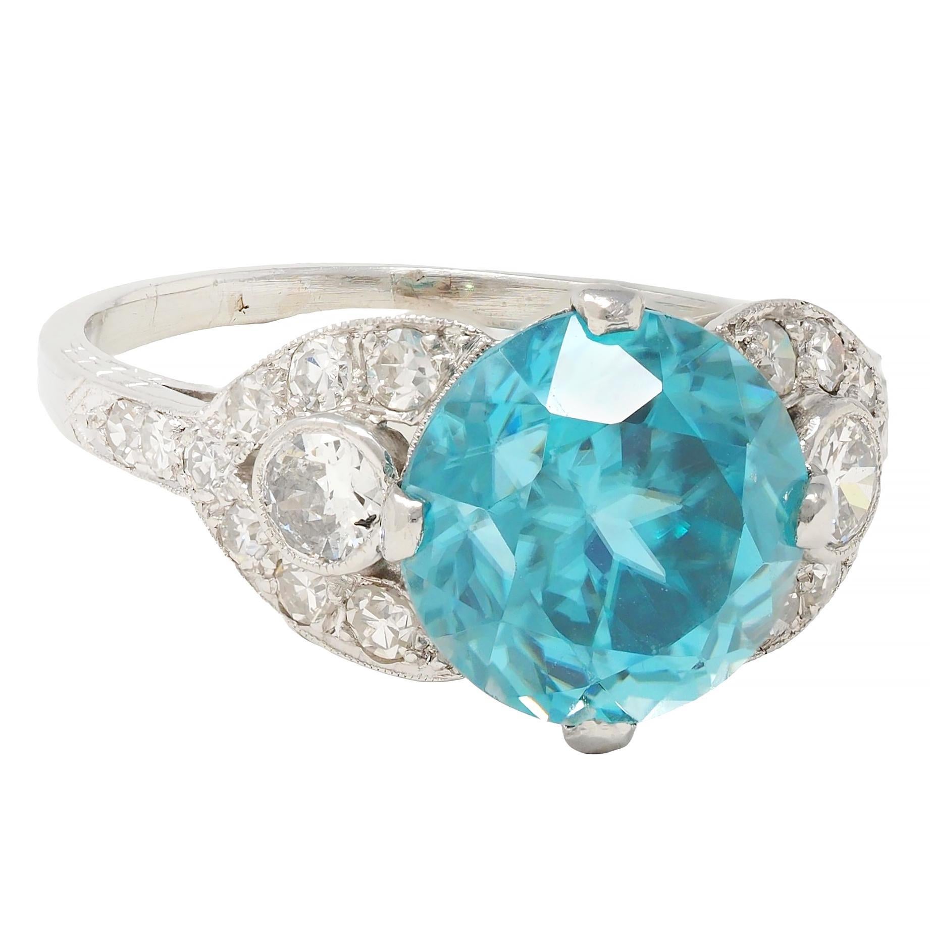 Round Cut Art Deco 6.35 CTW Zircon Diamond Platinum Vintage Cocktail Ring For Sale