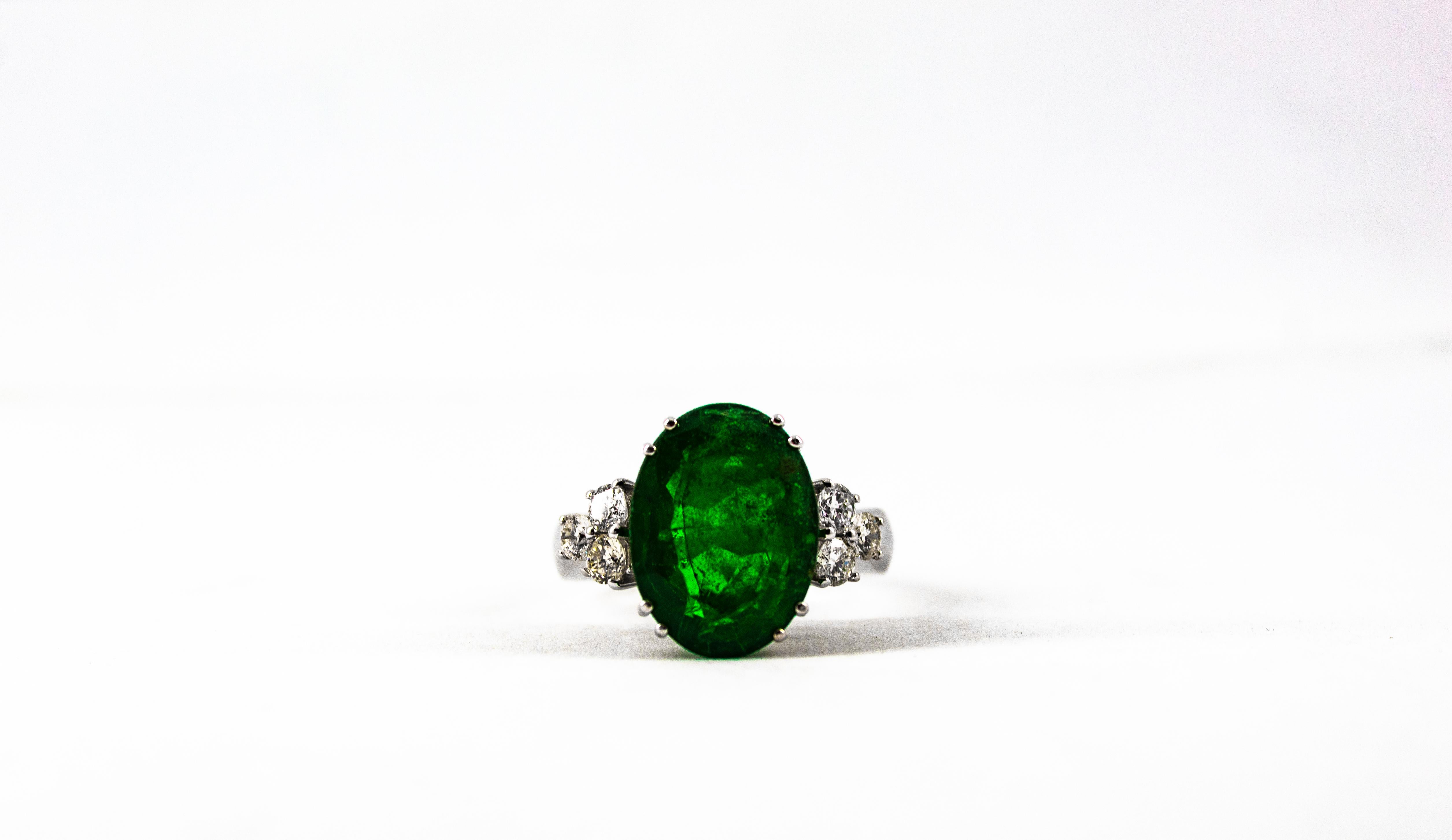 Art Deco 6.42 Carat Emerald 0.60 Carat White Diamond White Gold Cocktail Ring For Sale 9