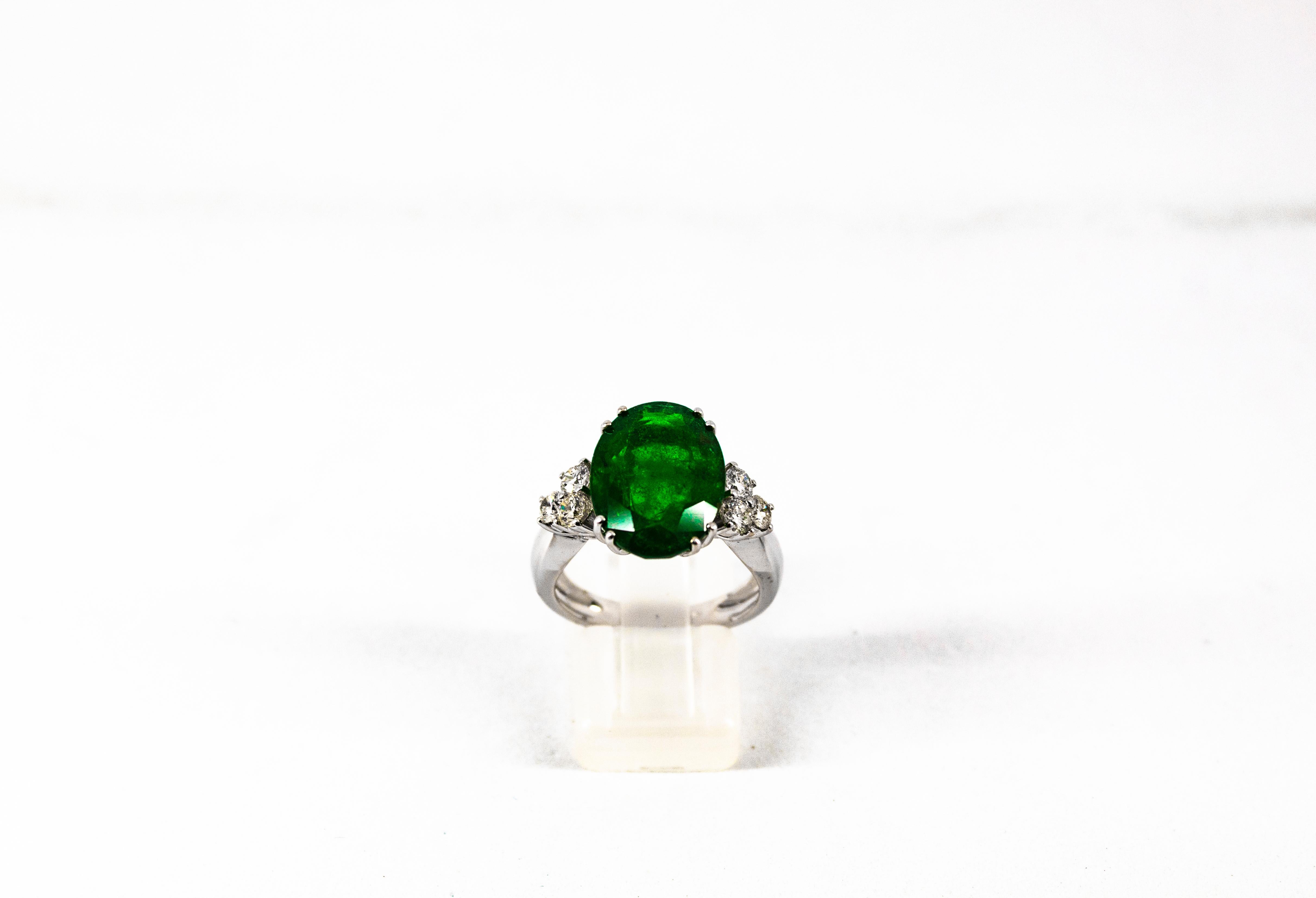 Art Deco 6.42 Carat Emerald 0.60 Carat White Diamond White Gold Cocktail Ring In New Condition For Sale In Naples, IT